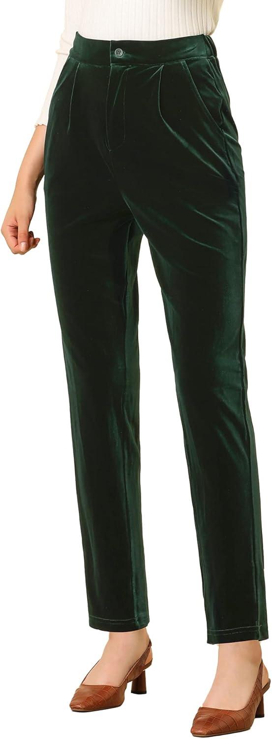 imageAllegra K Womens Velvet Pants High Waist Elegant Trousers with Pockets Work Business Ankle PantsDeep Green