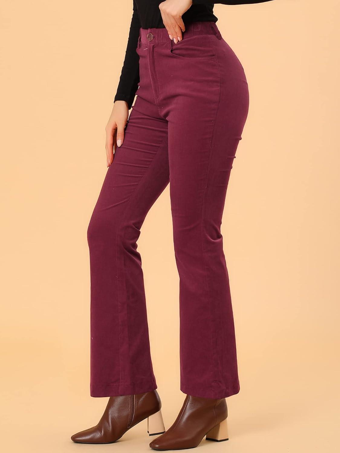 imageAllegra K Womens Vintage Flare Trousers High Waist Long Bell Bottom Corduroy Pants Medium Burgundy