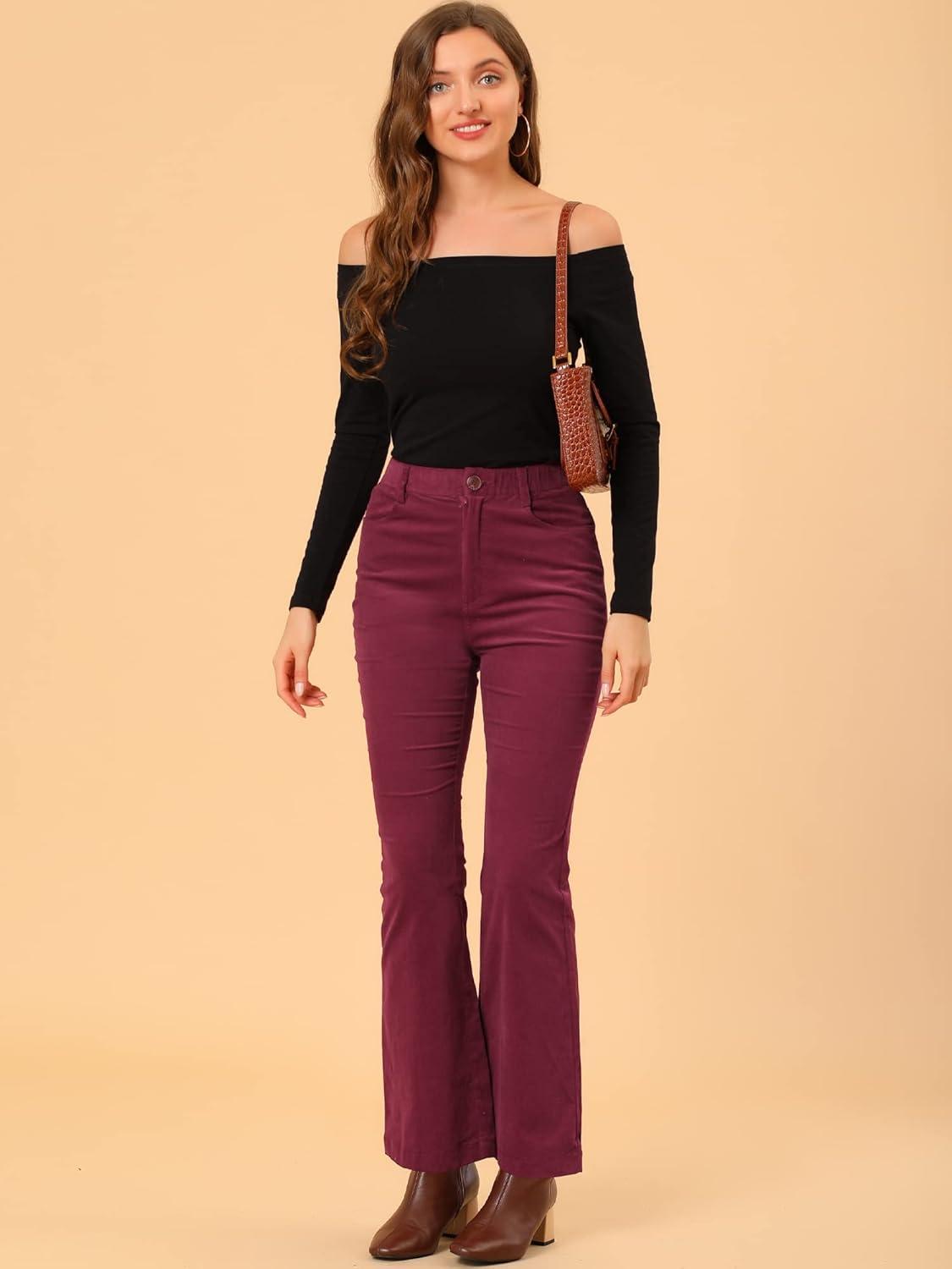 imageAllegra K Womens Vintage Flare Trousers High Waist Long Bell Bottom Corduroy Pants Medium Burgundy