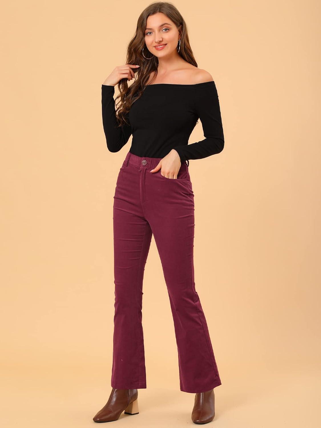 imageAllegra K Womens Vintage Flare Trousers High Waist Long Bell Bottom Corduroy Pants Medium Burgundy