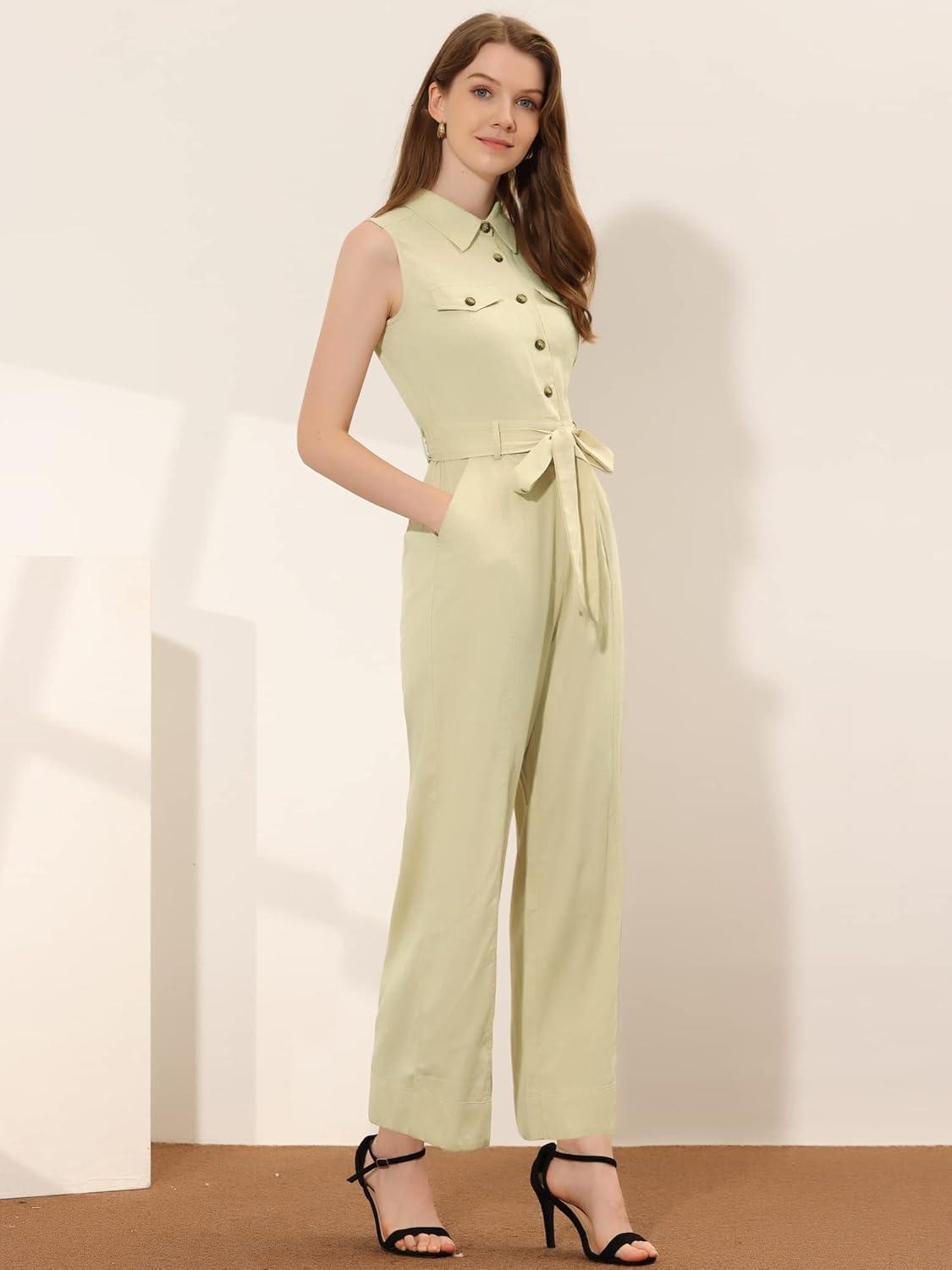 imageAllegra K Womens Wide Leg Jumpsuit 2024 Sleeveless Collared Tie Waist Coverall Button Down Cargo JumpsuitsApricot