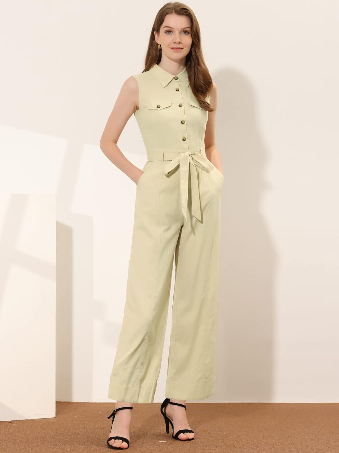 imageAllegra K Womens Wide Leg Jumpsuit 2024 Sleeveless Collared Tie Waist Coverall Button Down Cargo JumpsuitsApricot