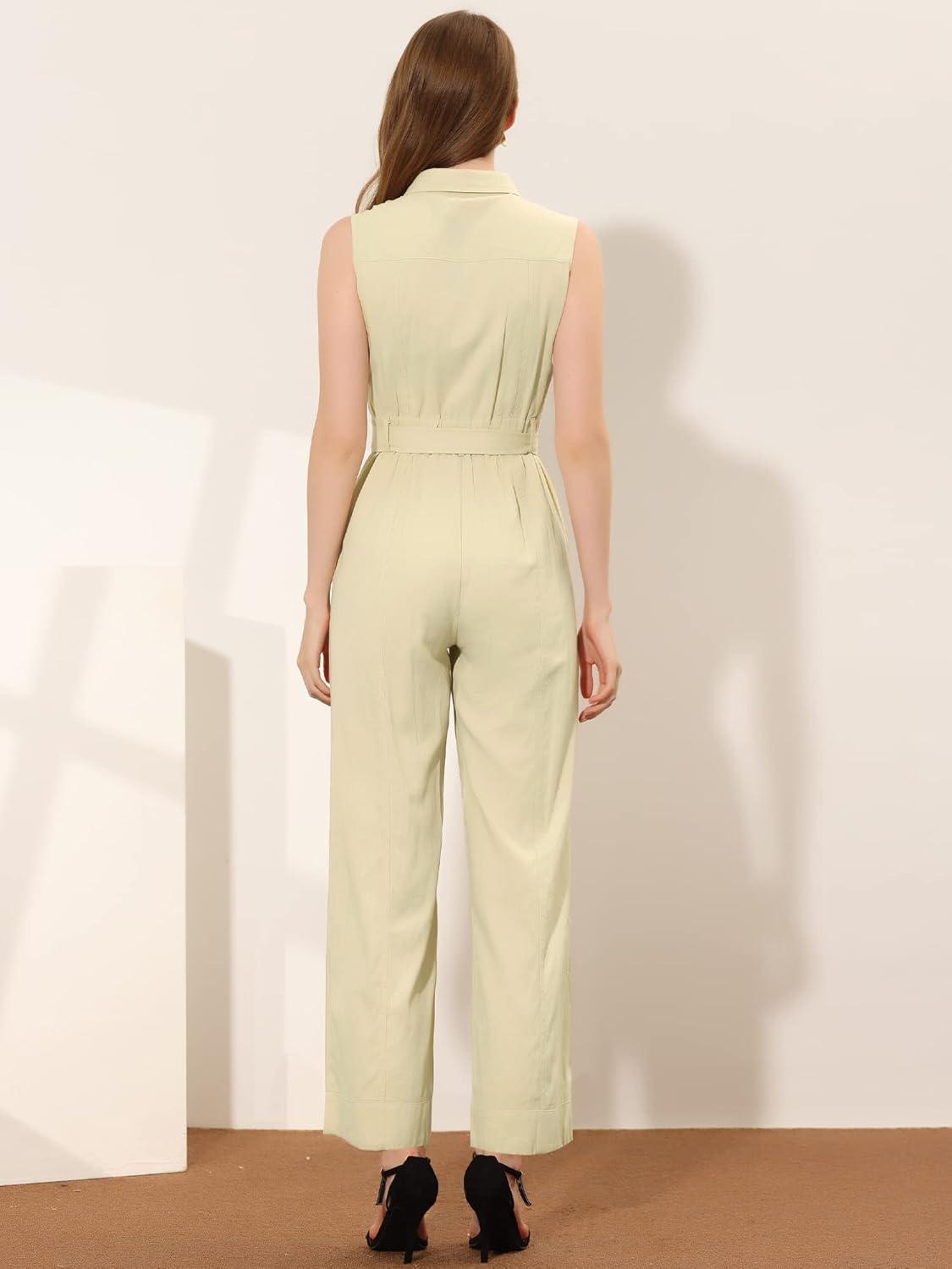 imageAllegra K Womens Wide Leg Jumpsuit 2024 Sleeveless Collared Tie Waist Coverall Button Down Cargo JumpsuitsApricot