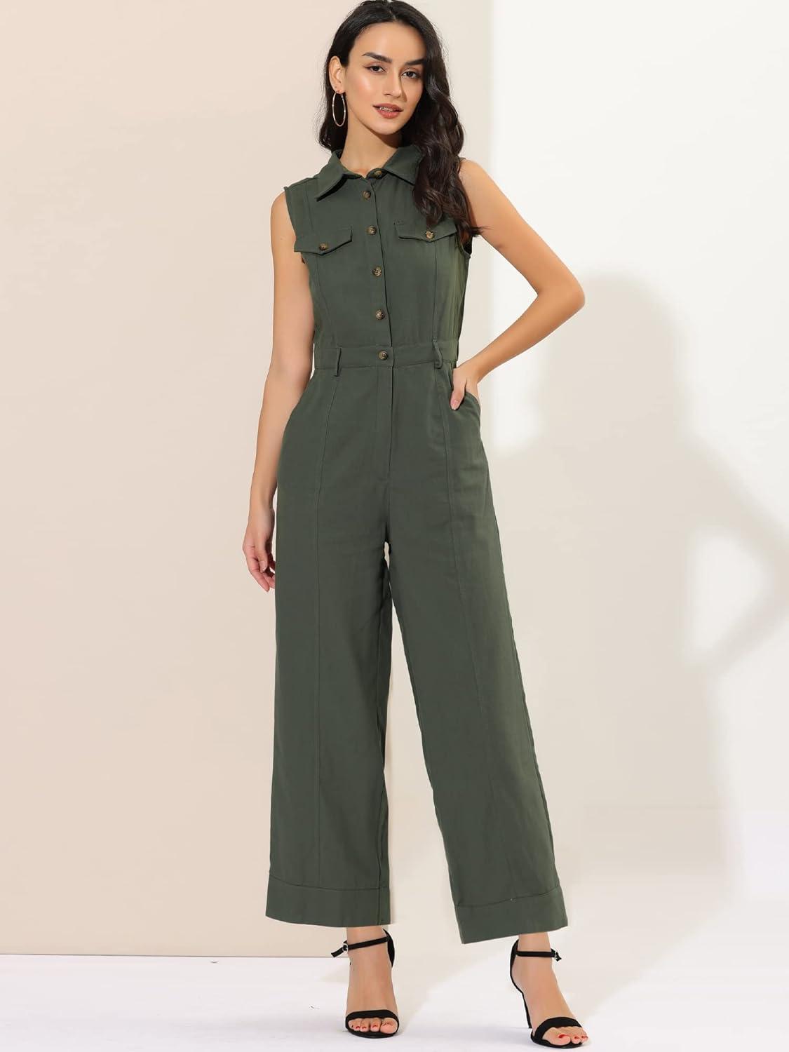 imageAllegra K Womens Wide Leg Jumpsuit 2024 Sleeveless Collared Tie Waist Coverall Button Down Cargo JumpsuitsArmy Green