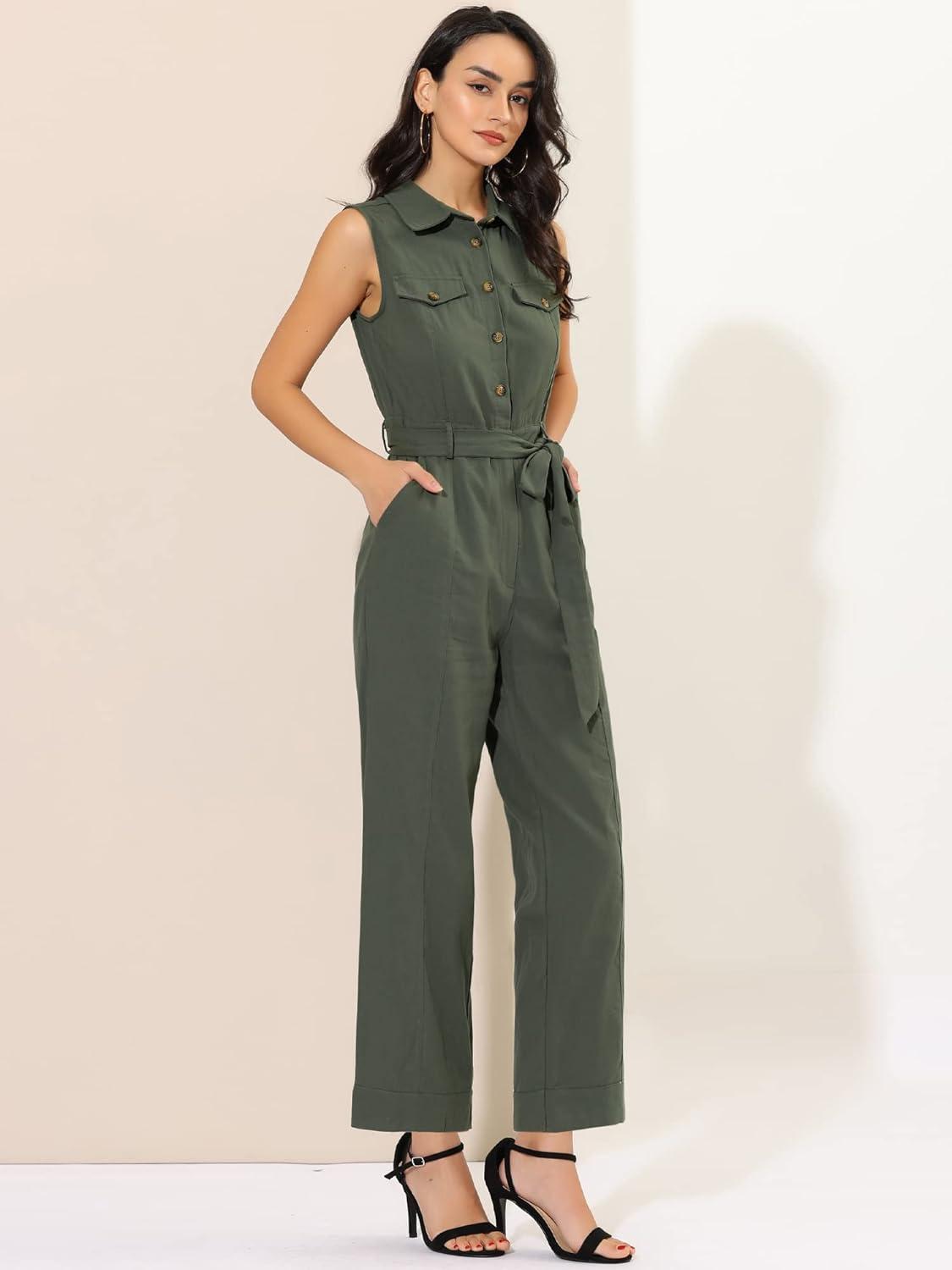 imageAllegra K Womens Wide Leg Jumpsuit 2024 Sleeveless Collared Tie Waist Coverall Button Down Cargo JumpsuitsArmy Green