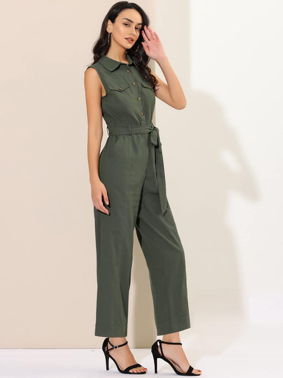 imageAllegra K Womens Wide Leg Jumpsuit 2024 Sleeveless Collared Tie Waist Coverall Button Down Cargo JumpsuitsArmy Green