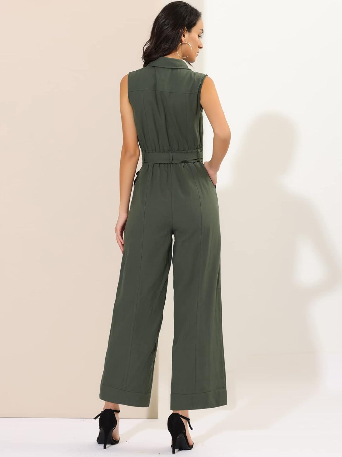 imageAllegra K Womens Wide Leg Jumpsuit 2024 Sleeveless Collared Tie Waist Coverall Button Down Cargo JumpsuitsArmy Green