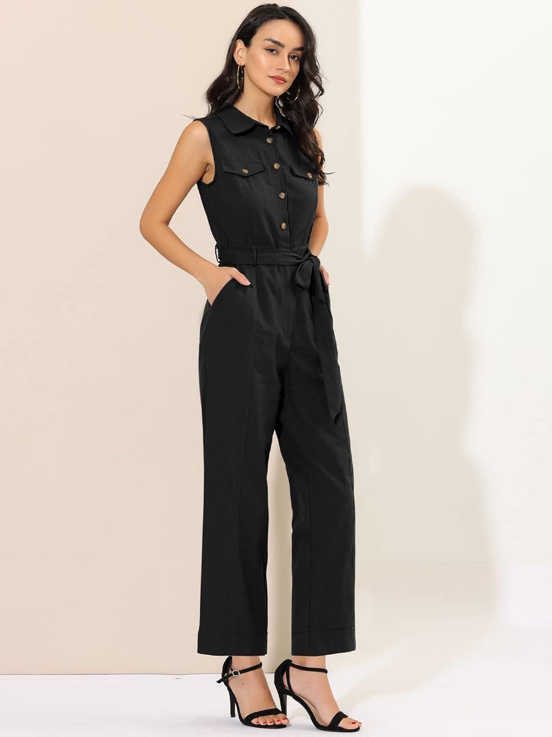 imageAllegra K Womens Wide Leg Jumpsuit 2024 Sleeveless Collared Tie Waist Coverall Button Down Cargo JumpsuitsBlack