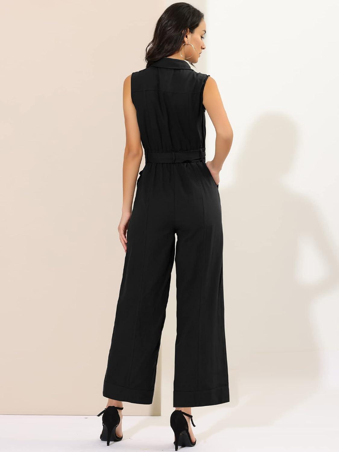 imageAllegra K Womens Wide Leg Jumpsuit 2024 Sleeveless Collared Tie Waist Coverall Button Down Cargo JumpsuitsBlack