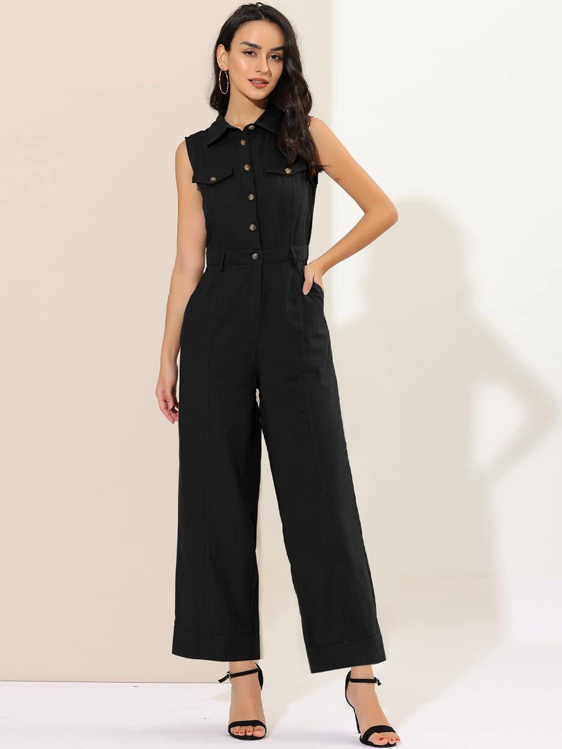 imageAllegra K Womens Wide Leg Jumpsuit 2024 Sleeveless Collared Tie Waist Coverall Button Down Cargo JumpsuitsBlack