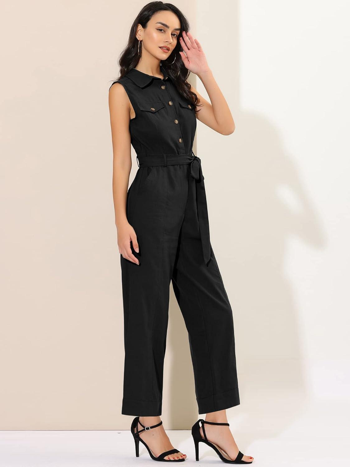 imageAllegra K Womens Wide Leg Jumpsuit 2024 Sleeveless Collared Tie Waist Coverall Button Down Cargo JumpsuitsBlack