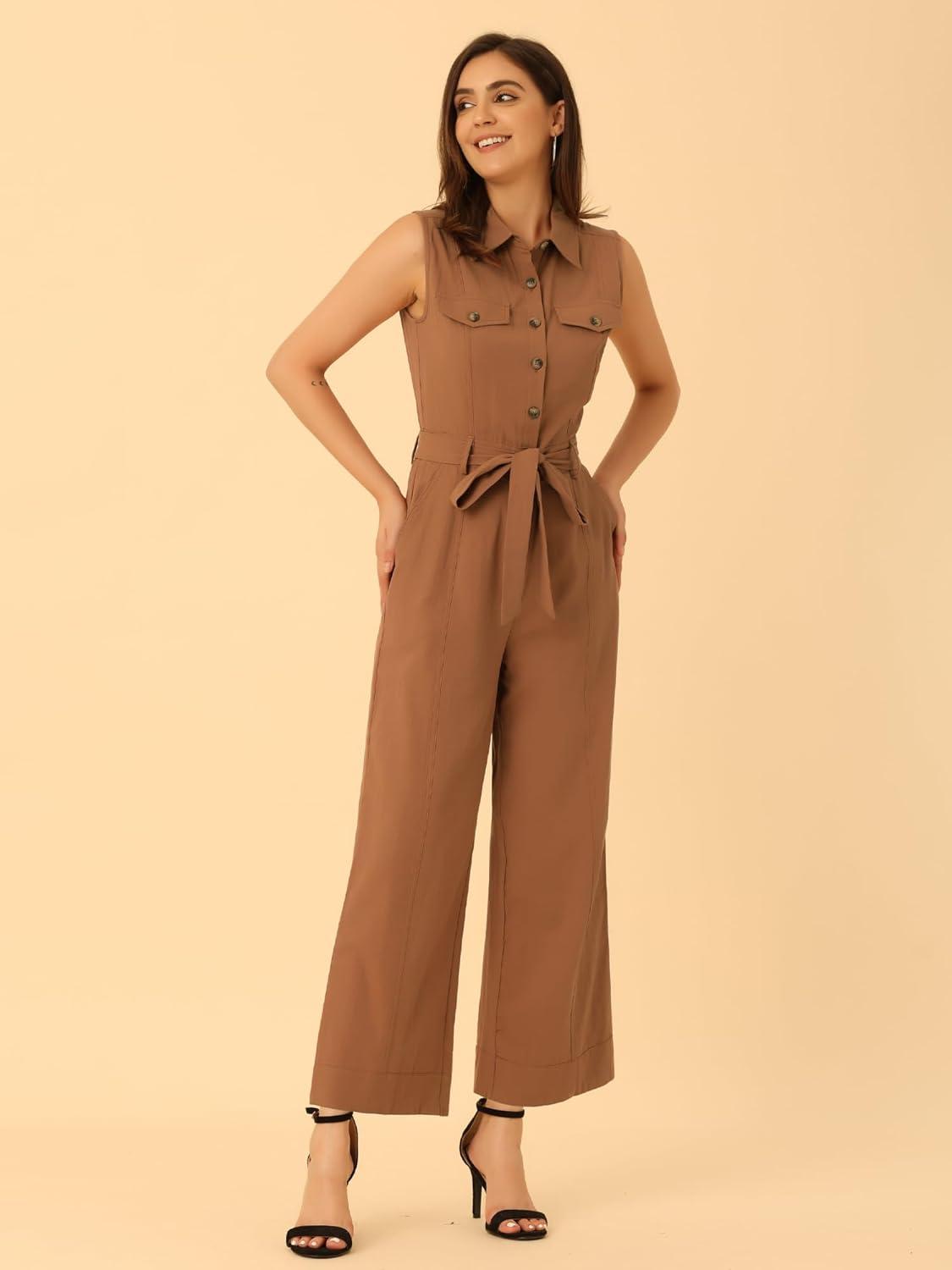 imageAllegra K Womens Wide Leg Jumpsuit 2024 Sleeveless Collared Tie Waist Coverall Button Down Cargo JumpsuitsBrown