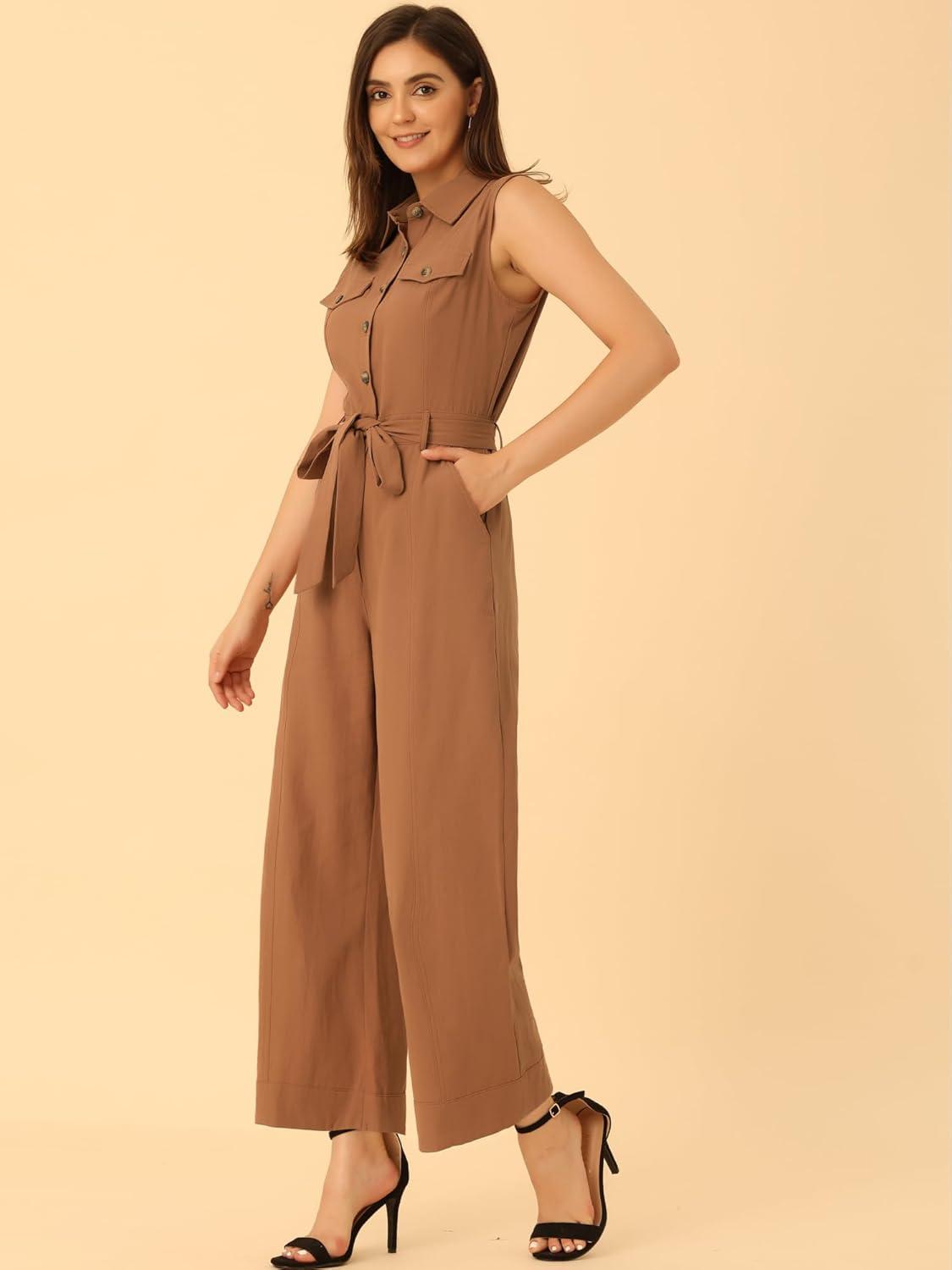 imageAllegra K Womens Wide Leg Jumpsuit 2024 Sleeveless Collared Tie Waist Coverall Button Down Cargo JumpsuitsBrown