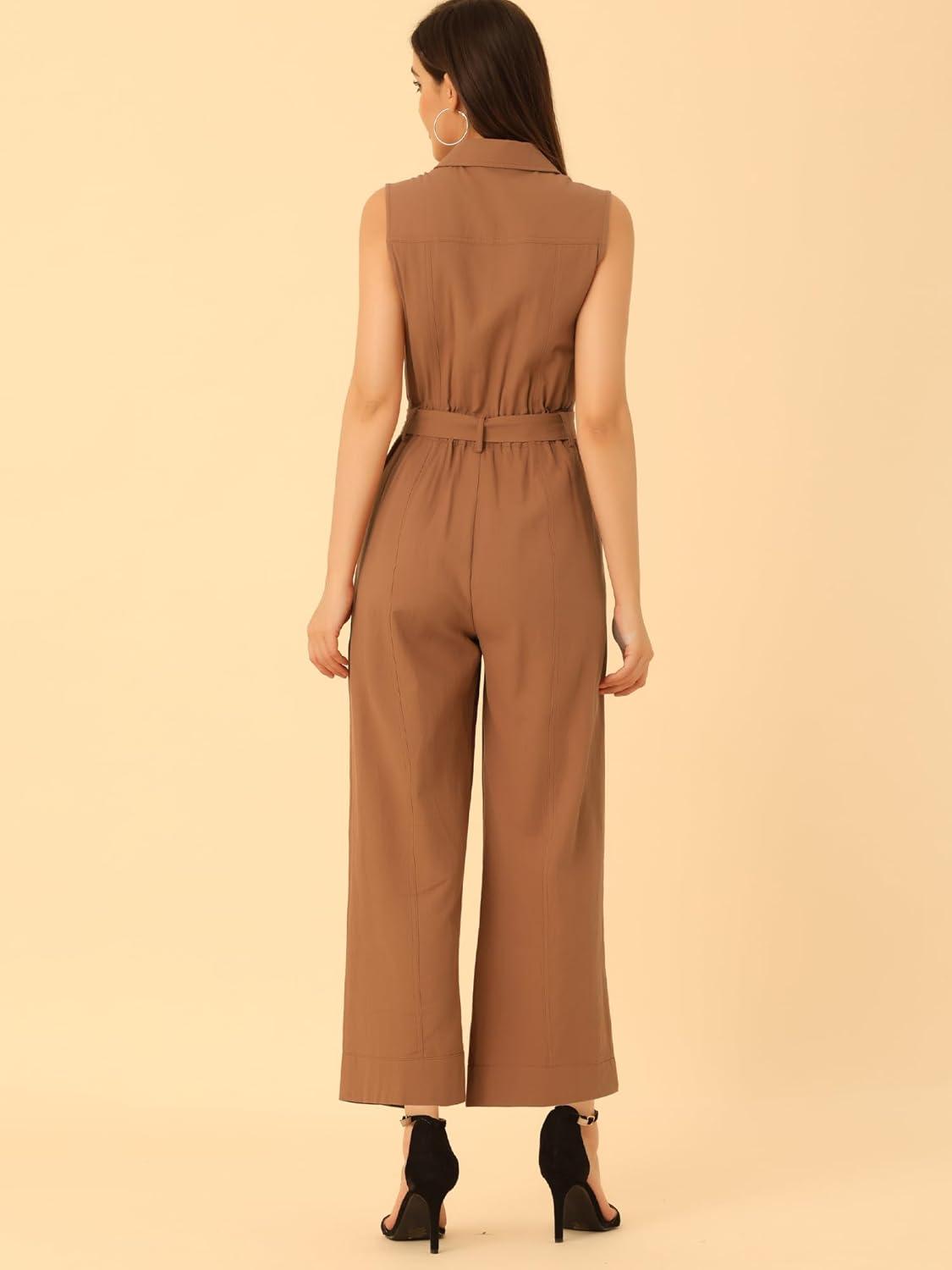 imageAllegra K Womens Wide Leg Jumpsuit 2024 Sleeveless Collared Tie Waist Coverall Button Down Cargo JumpsuitsBrown