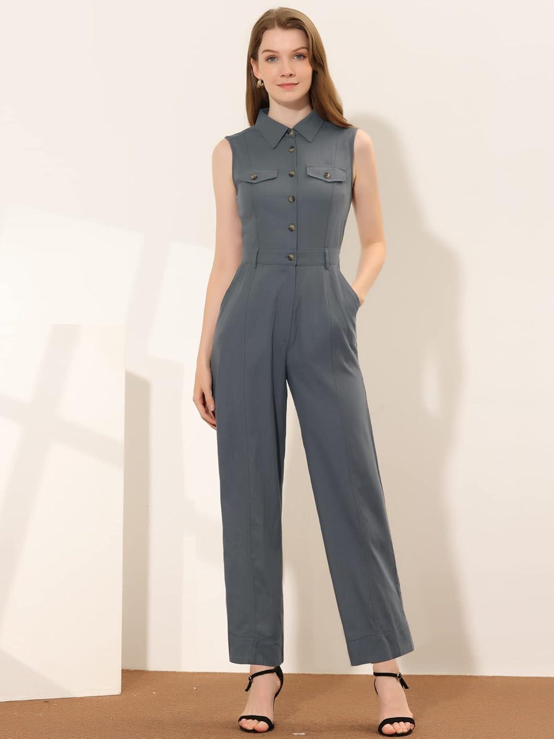 imageAllegra K Womens Wide Leg Jumpsuit 2024 Sleeveless Collared Tie Waist Coverall Button Down Cargo JumpsuitsGrey