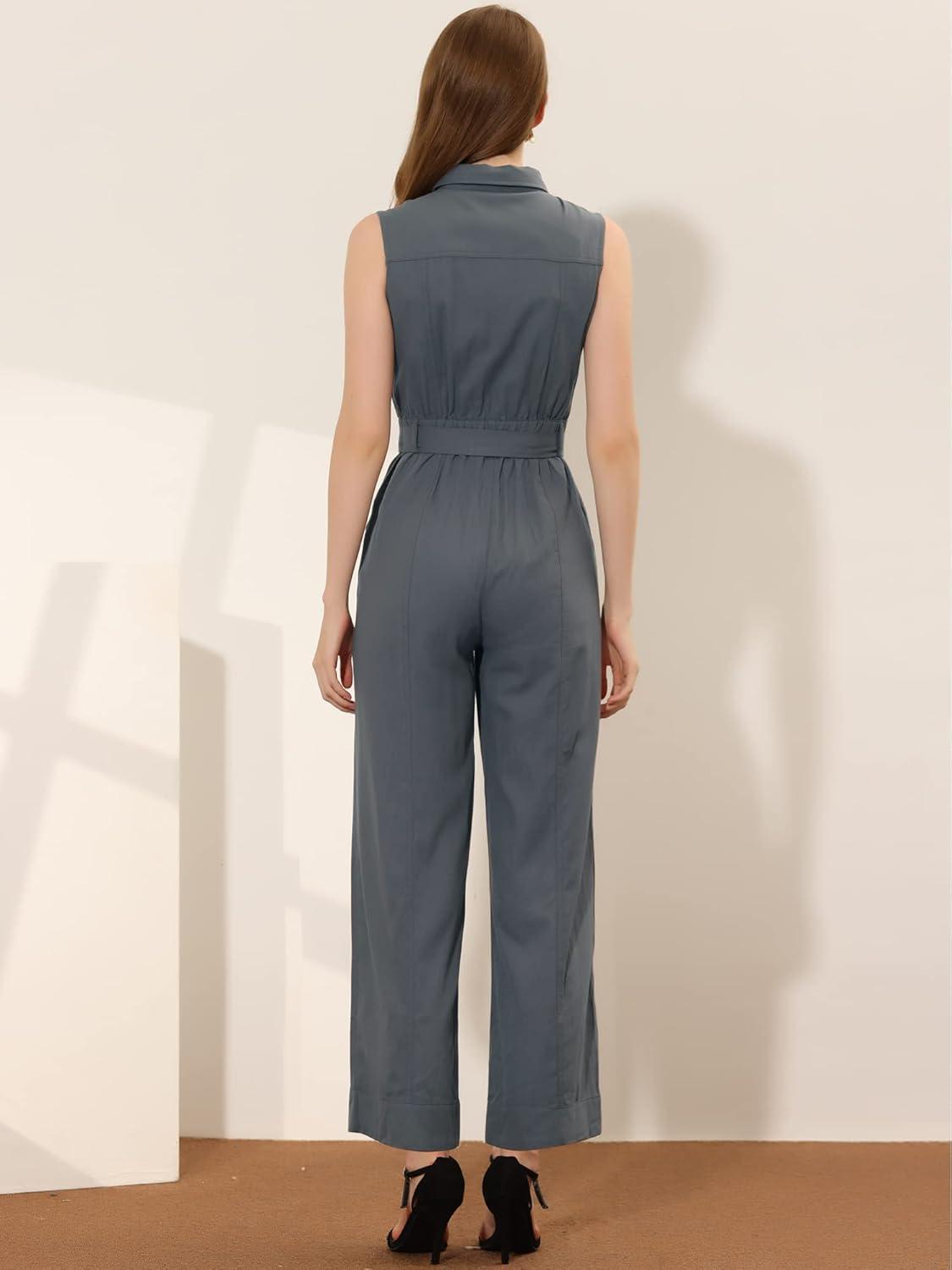 imageAllegra K Womens Wide Leg Jumpsuit 2024 Sleeveless Collared Tie Waist Coverall Button Down Cargo JumpsuitsGrey