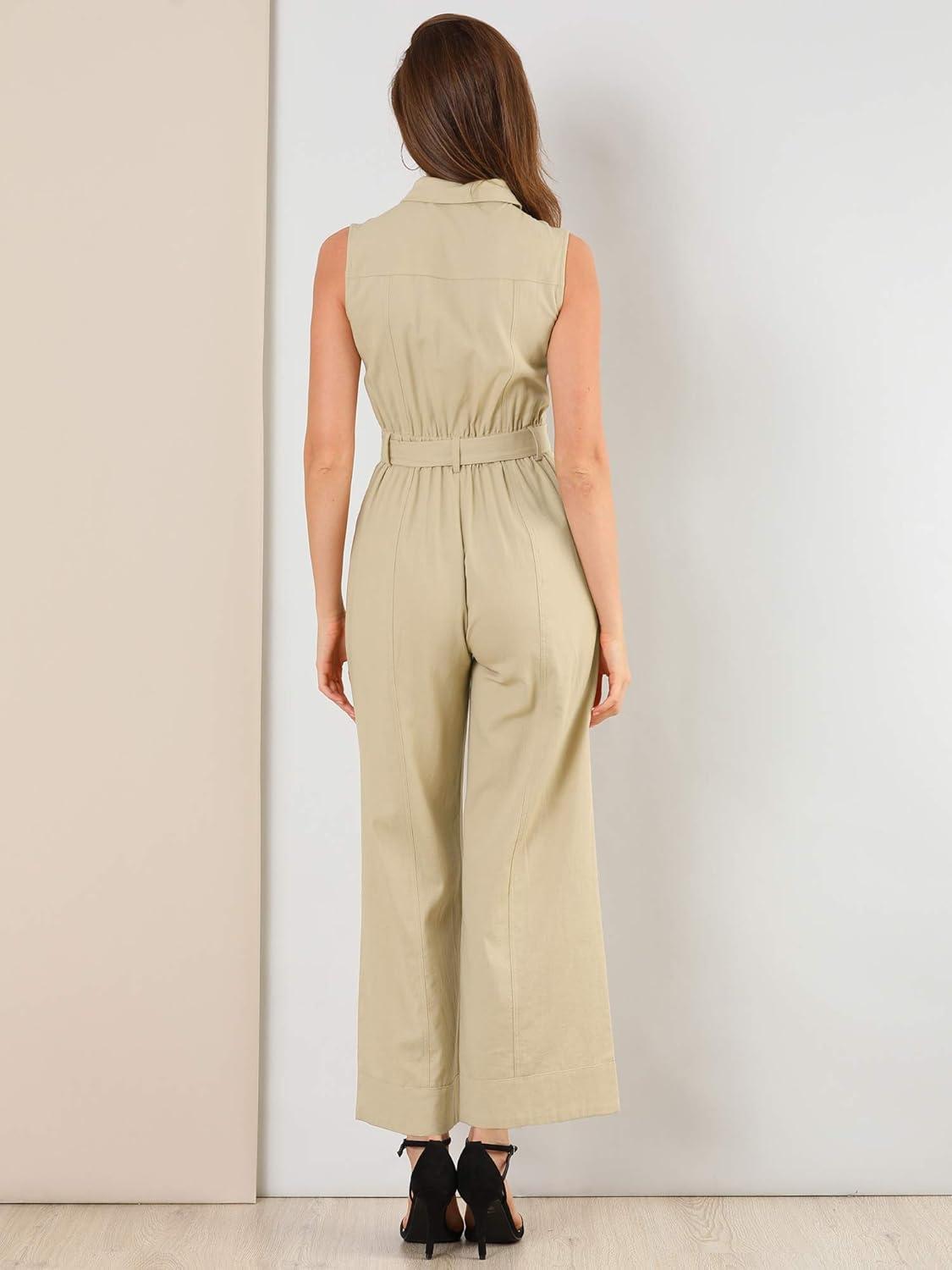 imageAllegra K Womens Wide Leg Jumpsuit 2024 Sleeveless Collared Tie Waist Coverall Button Down Cargo JumpsuitsKhaki