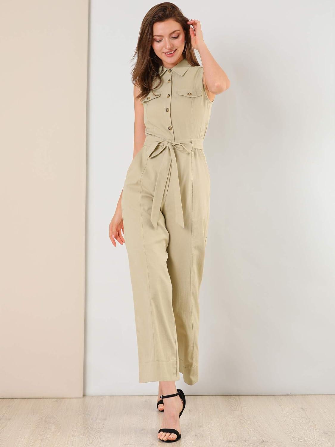 imageAllegra K Womens Wide Leg Jumpsuit 2024 Sleeveless Collared Tie Waist Coverall Button Down Cargo JumpsuitsKhaki