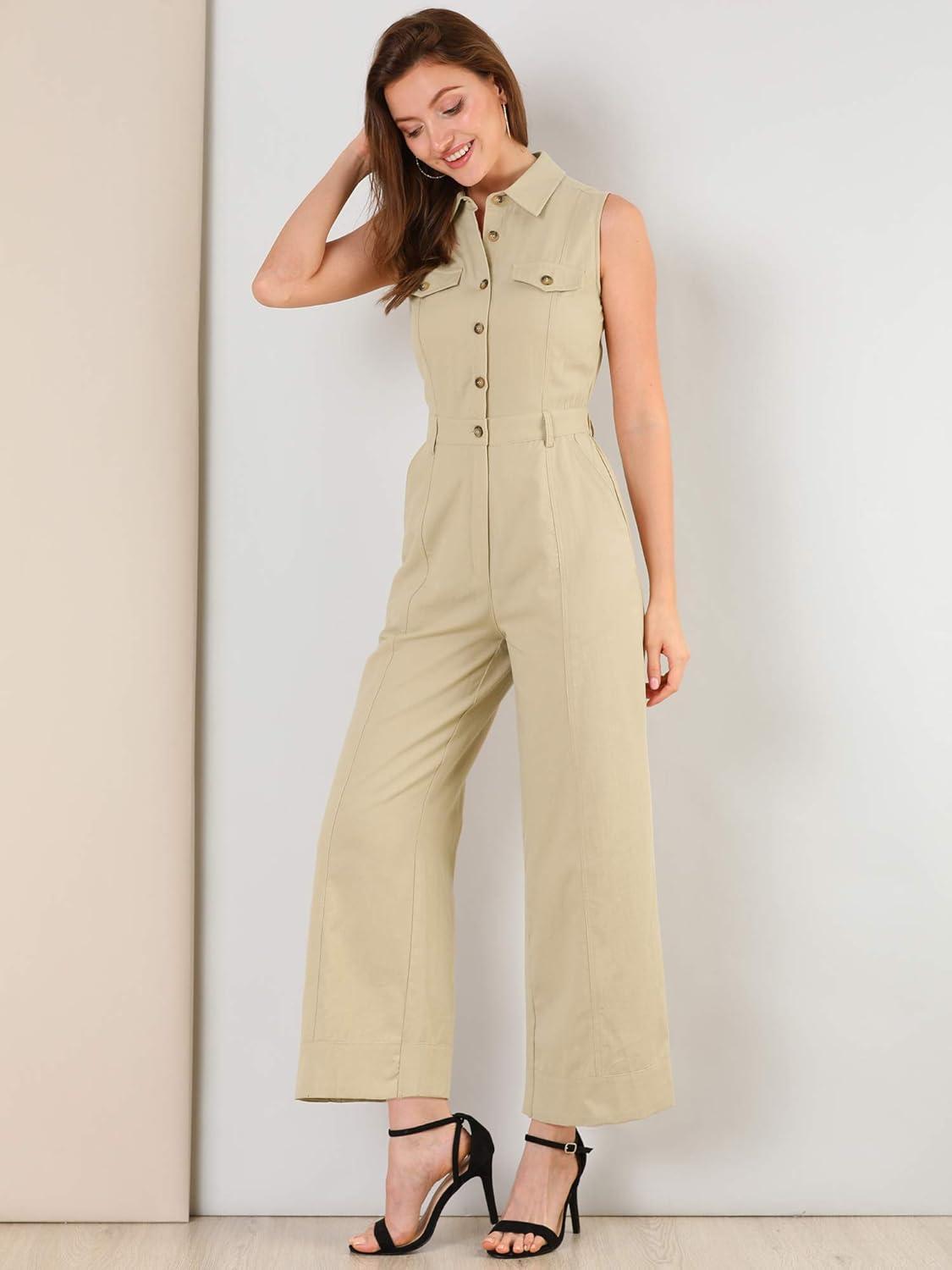 imageAllegra K Womens Wide Leg Jumpsuit 2024 Sleeveless Collared Tie Waist Coverall Button Down Cargo JumpsuitsKhaki