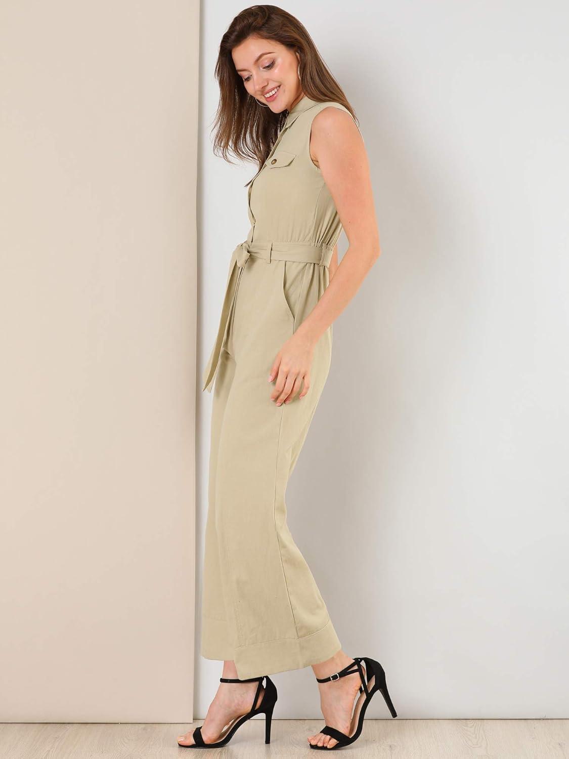 imageAllegra K Womens Wide Leg Jumpsuit 2024 Sleeveless Collared Tie Waist Coverall Button Down Cargo JumpsuitsKhaki