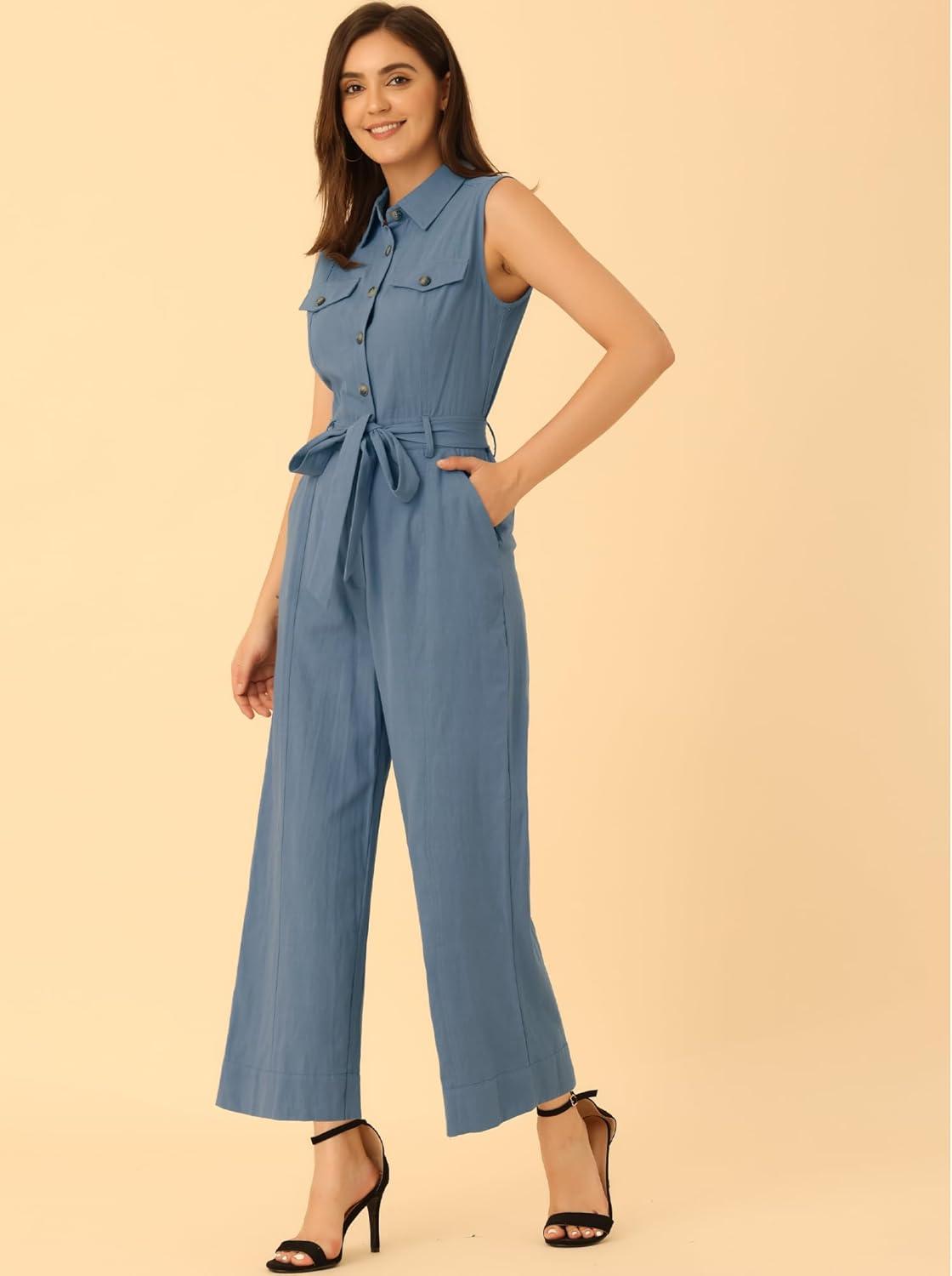 imageAllegra K Womens Wide Leg Jumpsuit 2024 Sleeveless Collared Tie Waist Coverall Button Down Cargo JumpsuitsLight Blue