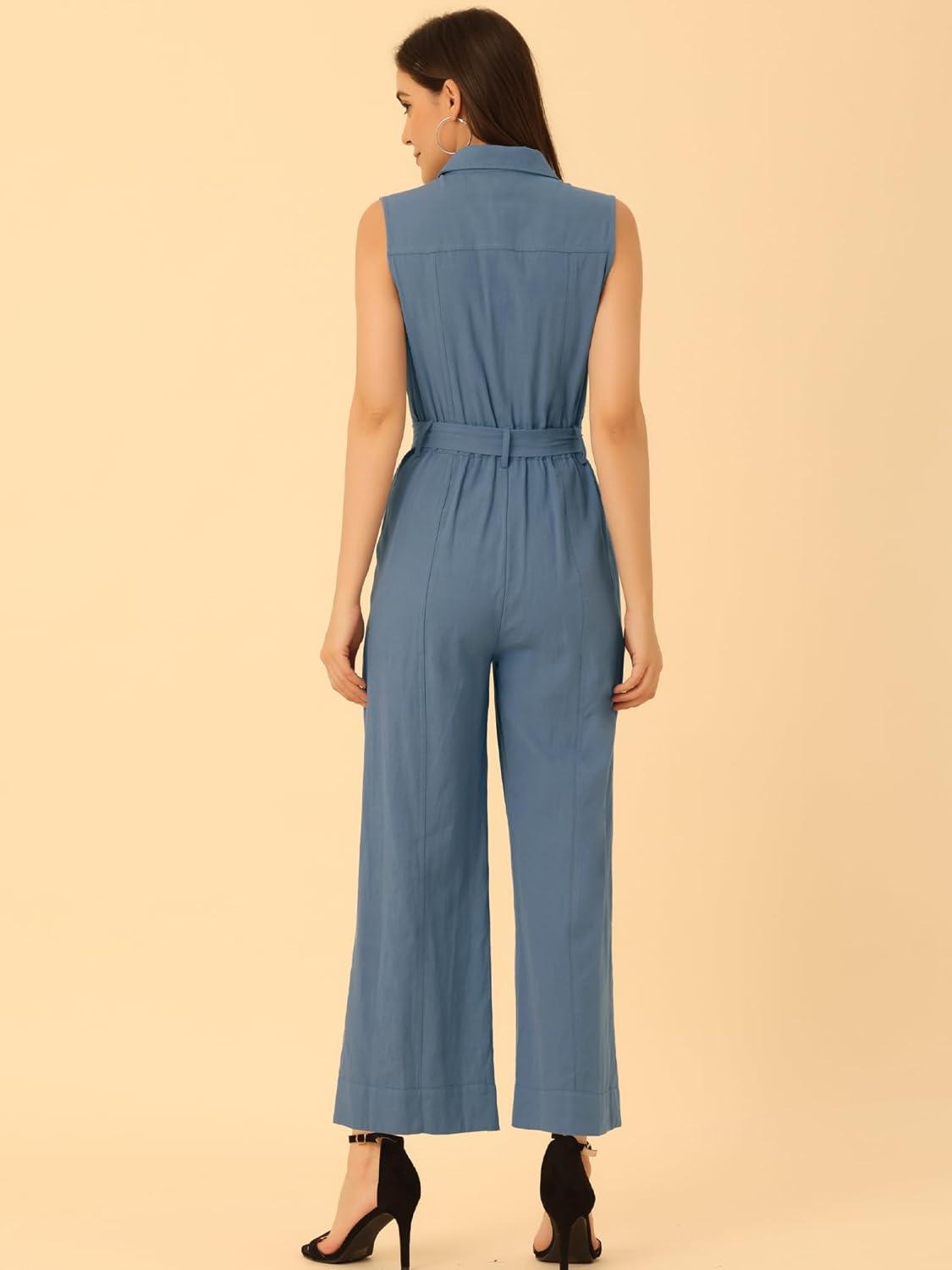 imageAllegra K Womens Wide Leg Jumpsuit 2024 Sleeveless Collared Tie Waist Coverall Button Down Cargo JumpsuitsLight Blue