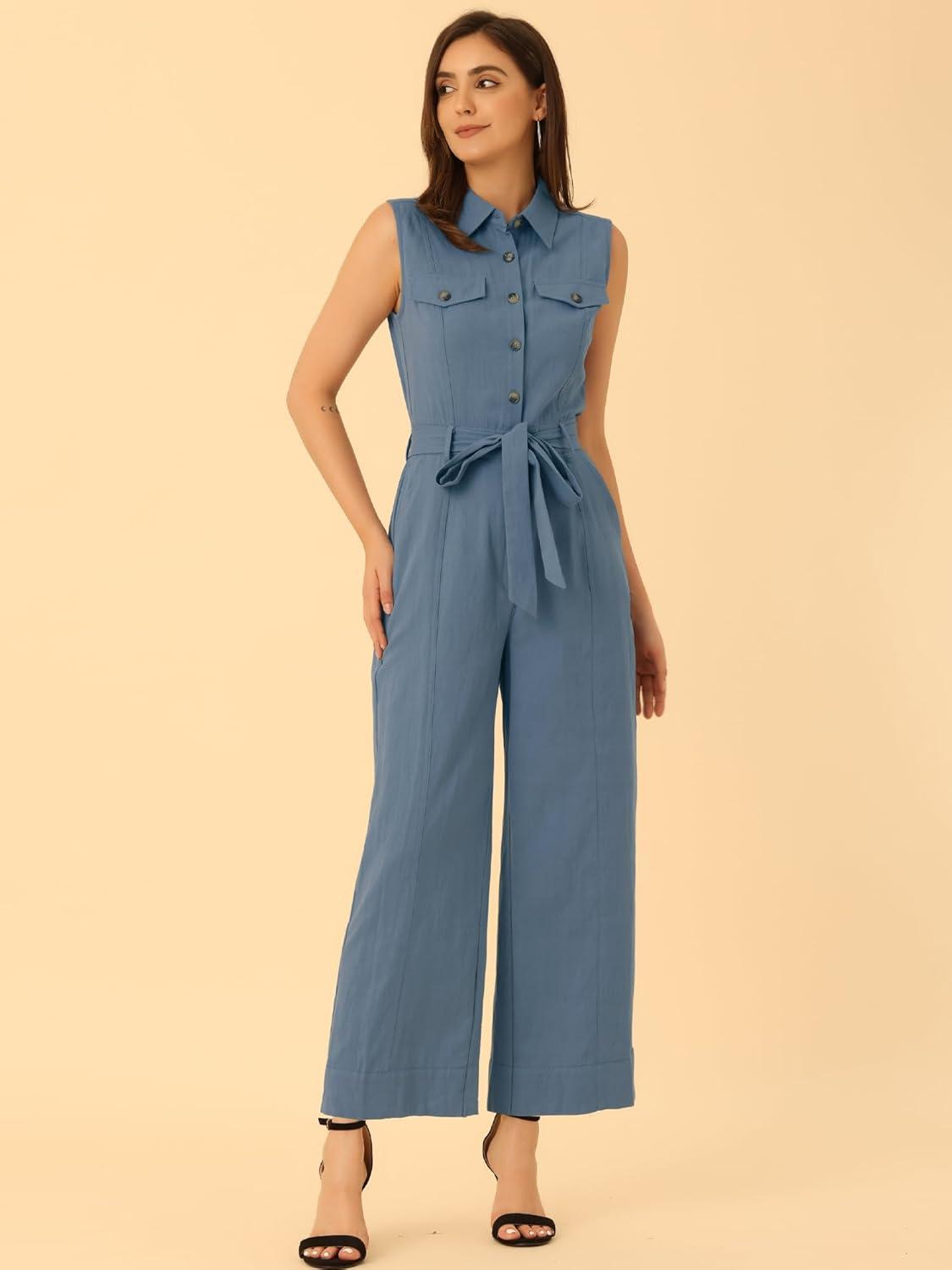 imageAllegra K Womens Wide Leg Jumpsuit 2024 Sleeveless Collared Tie Waist Coverall Button Down Cargo JumpsuitsLight Blue