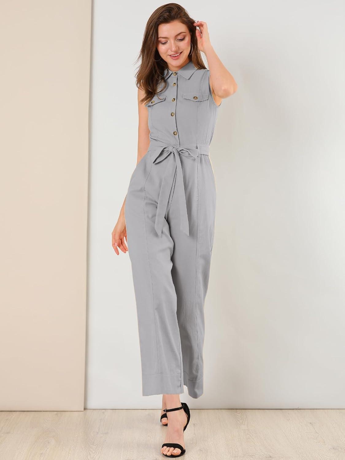 imageAllegra K Womens Wide Leg Jumpsuit 2024 Sleeveless Collared Tie Waist Coverall Button Down Cargo JumpsuitsLight Grey