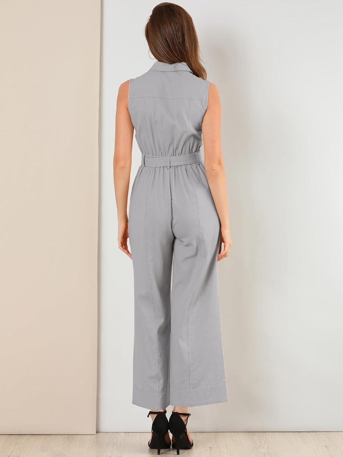 imageAllegra K Womens Wide Leg Jumpsuit 2024 Sleeveless Collared Tie Waist Coverall Button Down Cargo JumpsuitsLight Grey