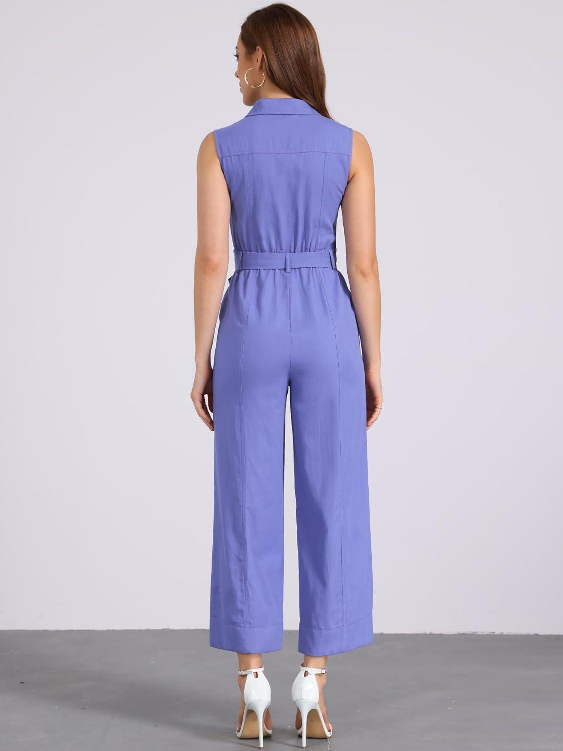 imageAllegra K Womens Wide Leg Jumpsuit 2024 Sleeveless Collared Tie Waist Coverall Button Down Cargo JumpsuitsMatte Blue