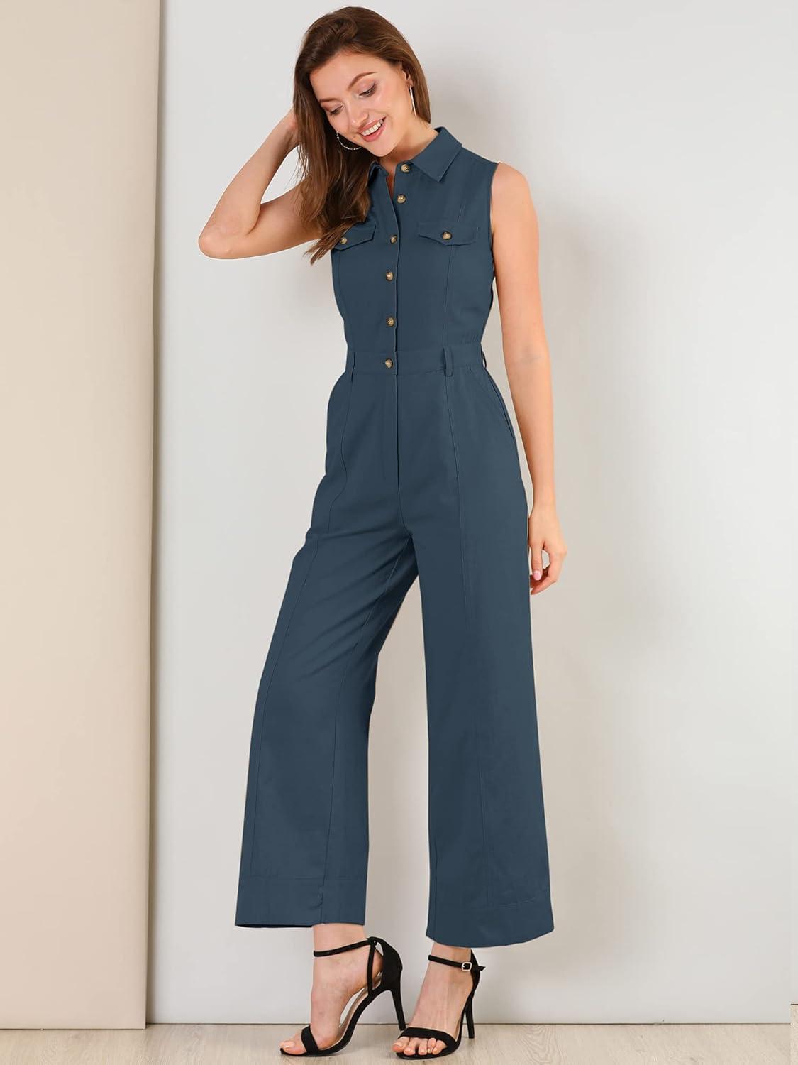 imageAllegra K Womens Wide Leg Jumpsuit 2024 Sleeveless Collared Tie Waist Coverall Button Down Cargo JumpsuitsNavy Blue