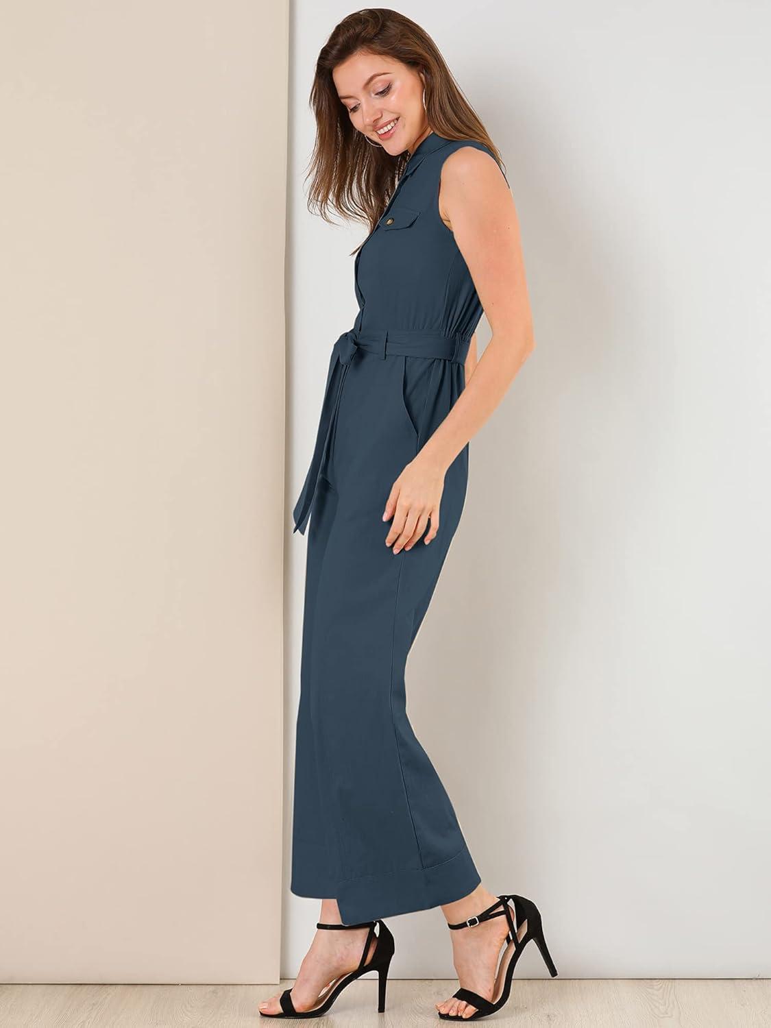 imageAllegra K Womens Wide Leg Jumpsuit 2024 Sleeveless Collared Tie Waist Coverall Button Down Cargo JumpsuitsNavy Blue