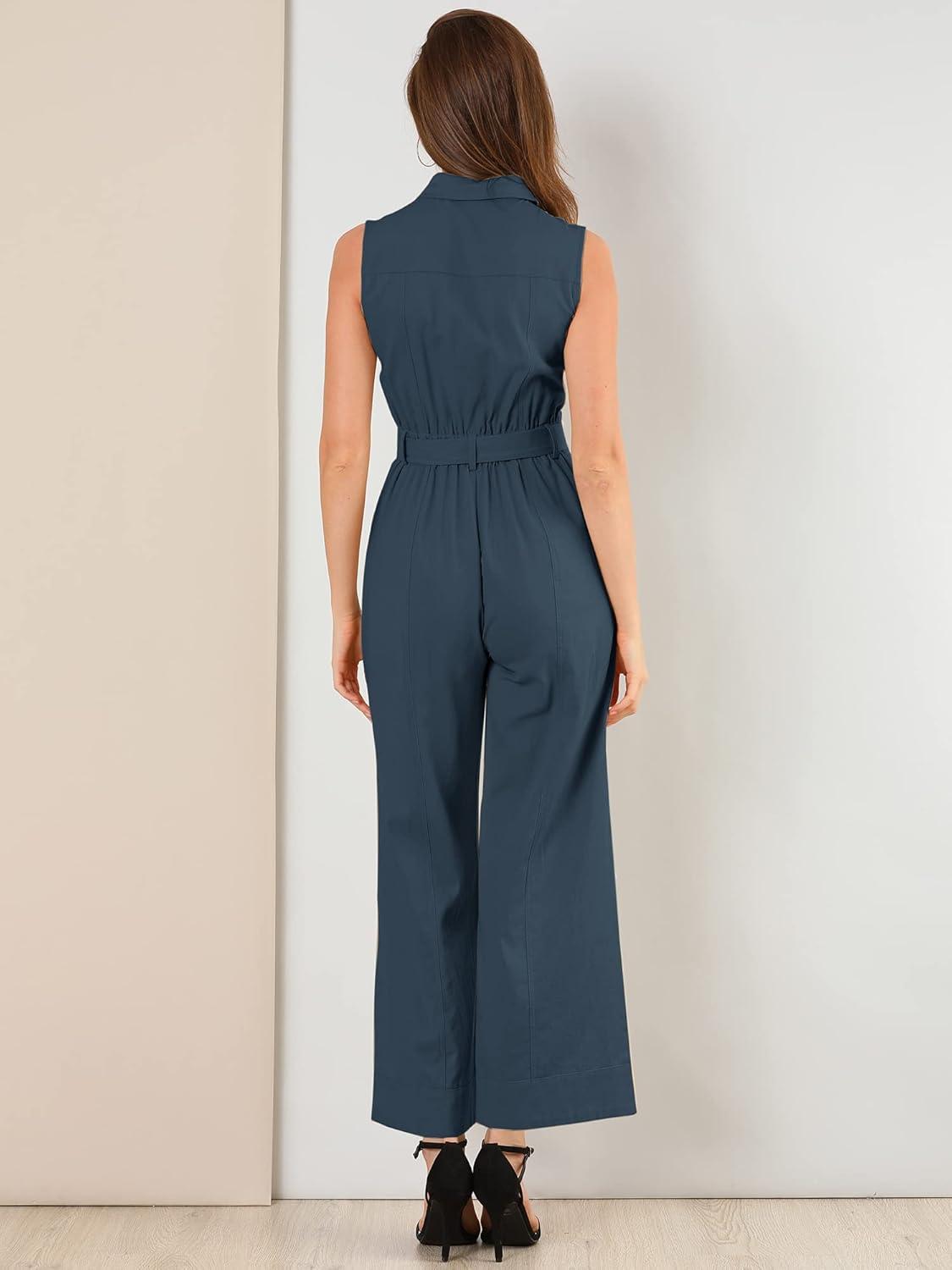 imageAllegra K Womens Wide Leg Jumpsuit 2024 Sleeveless Collared Tie Waist Coverall Button Down Cargo JumpsuitsNavy Blue