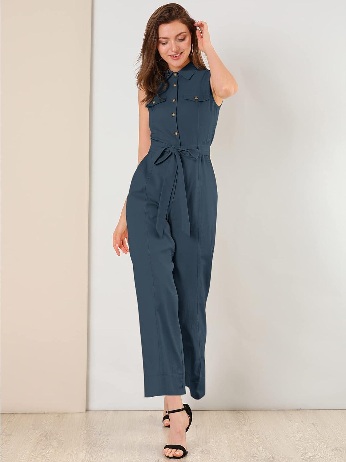 imageAllegra K Womens Wide Leg Jumpsuit 2024 Sleeveless Collared Tie Waist Coverall Button Down Cargo JumpsuitsNavy Blue