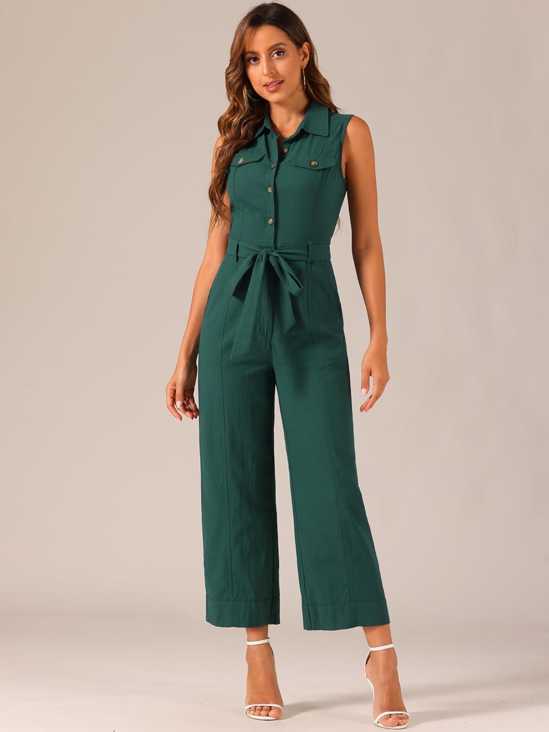imageAllegra K Womens Wide Leg Jumpsuit 2024 Sleeveless Collared Tie Waist Coverall Button Down Cargo JumpsuitsPeacock Blue