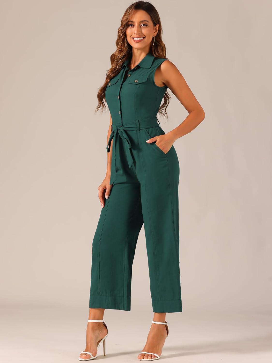 imageAllegra K Womens Wide Leg Jumpsuit 2024 Sleeveless Collared Tie Waist Coverall Button Down Cargo JumpsuitsPeacock Blue