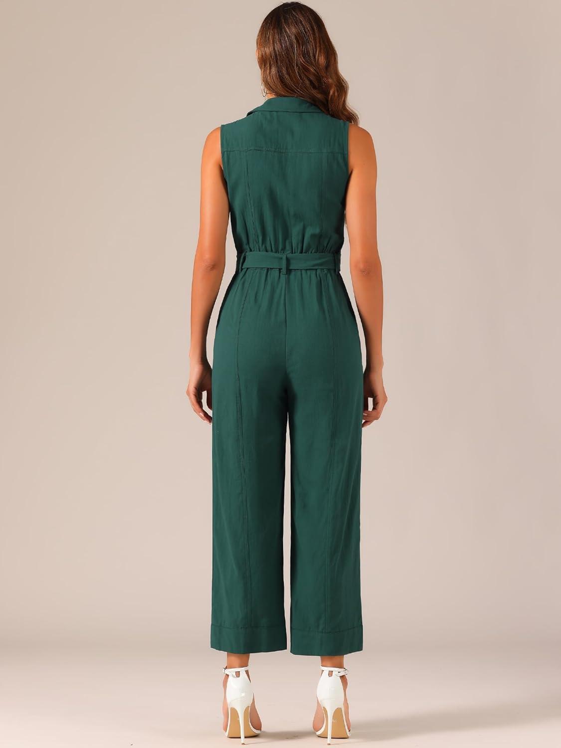 imageAllegra K Womens Wide Leg Jumpsuit 2024 Sleeveless Collared Tie Waist Coverall Button Down Cargo JumpsuitsPeacock Blue