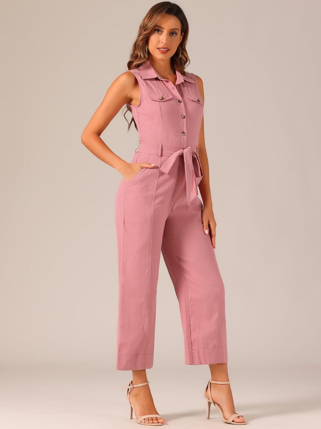 imageAllegra K Womens Wide Leg Jumpsuit 2024 Sleeveless Collared Tie Waist Coverall Button Down Cargo JumpsuitsPink