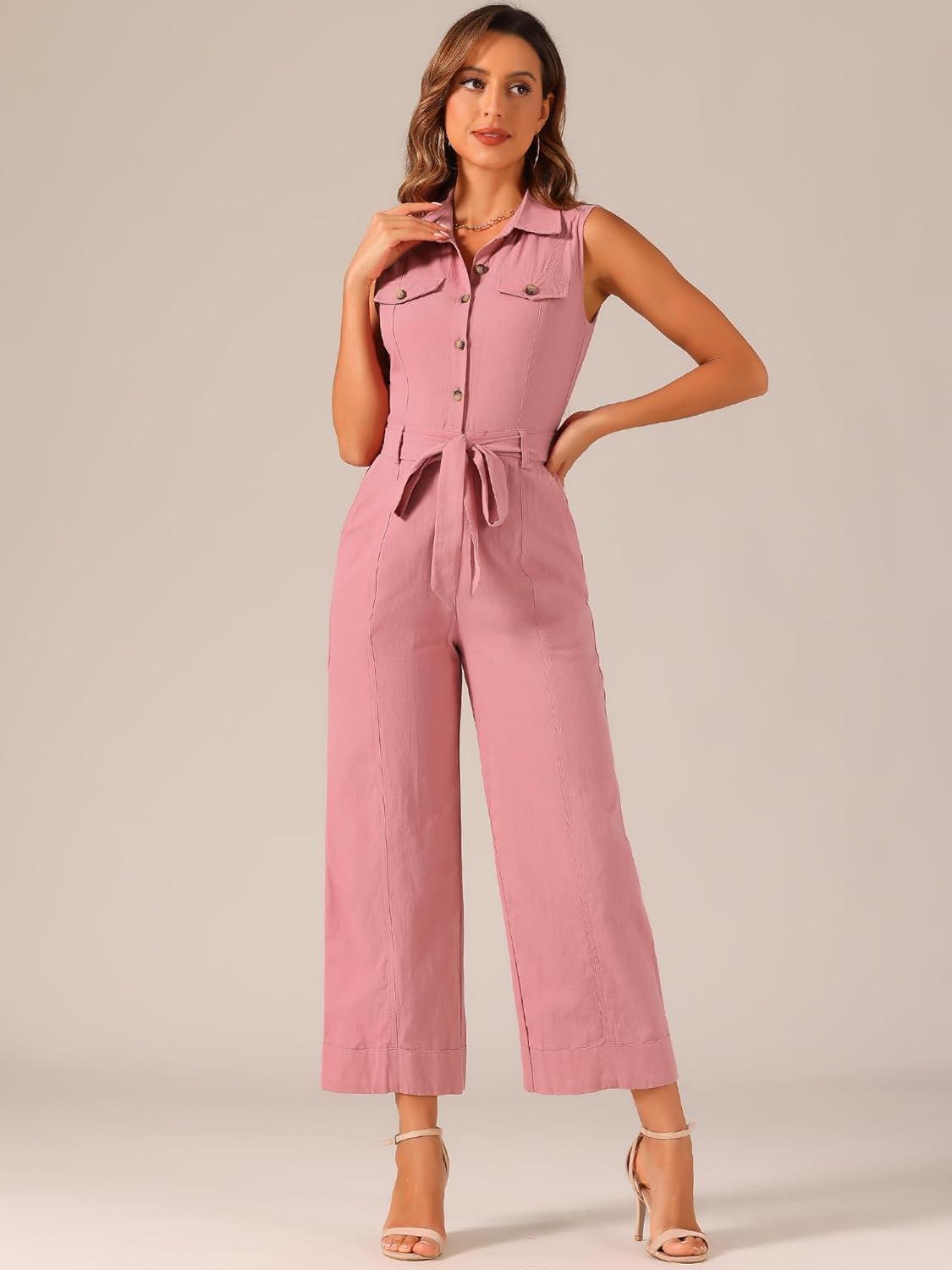 imageAllegra K Womens Wide Leg Jumpsuit 2024 Sleeveless Collared Tie Waist Coverall Button Down Cargo JumpsuitsPink