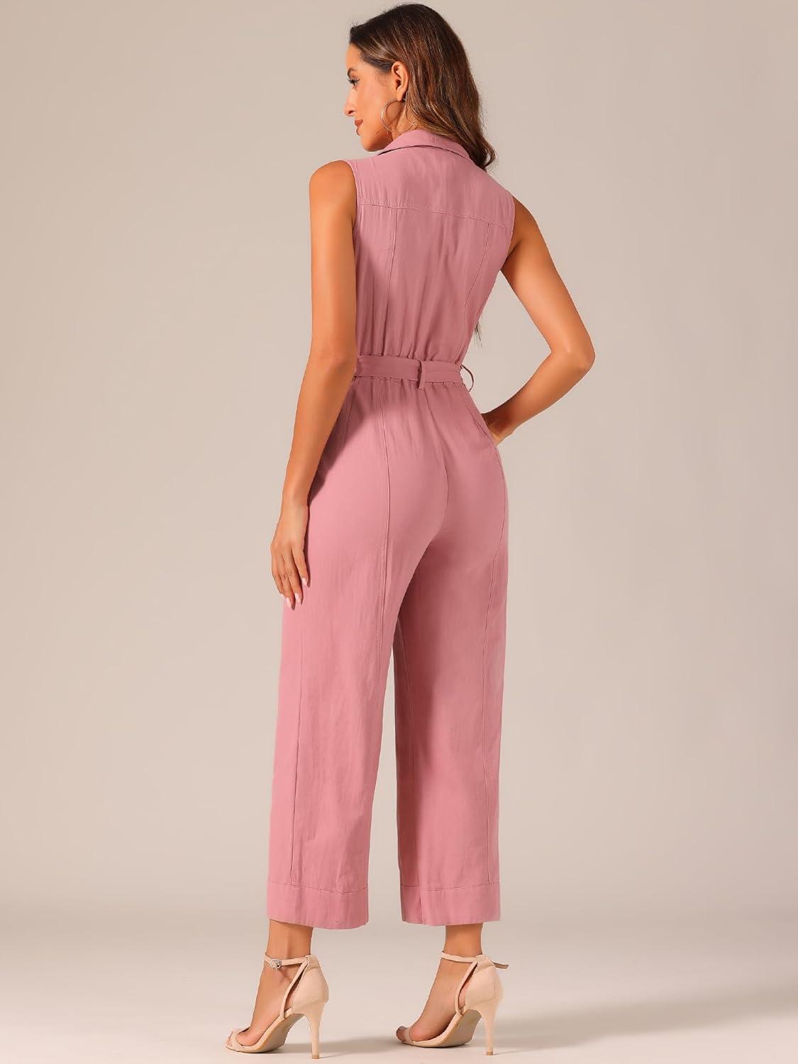imageAllegra K Womens Wide Leg Jumpsuit 2024 Sleeveless Collared Tie Waist Coverall Button Down Cargo JumpsuitsPink