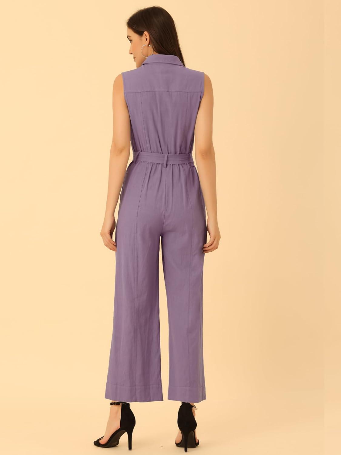 imageAllegra K Womens Wide Leg Jumpsuit 2024 Sleeveless Collared Tie Waist Coverall Button Down Cargo JumpsuitsPurple