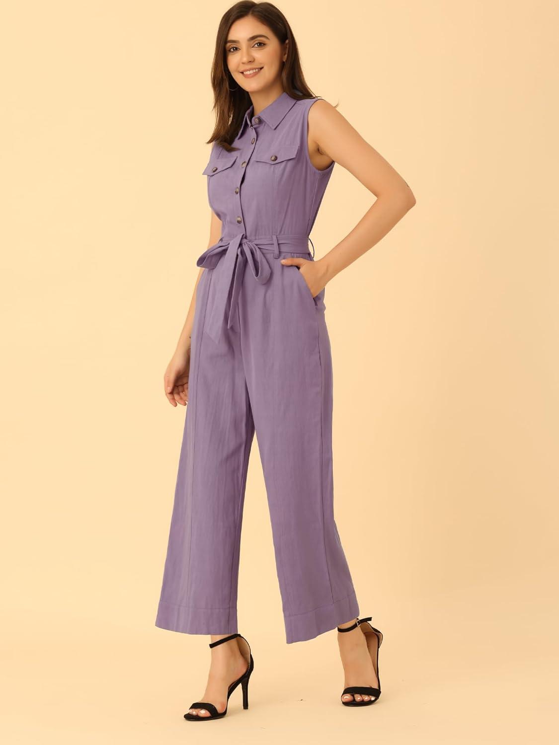 imageAllegra K Womens Wide Leg Jumpsuit 2024 Sleeveless Collared Tie Waist Coverall Button Down Cargo JumpsuitsPurple