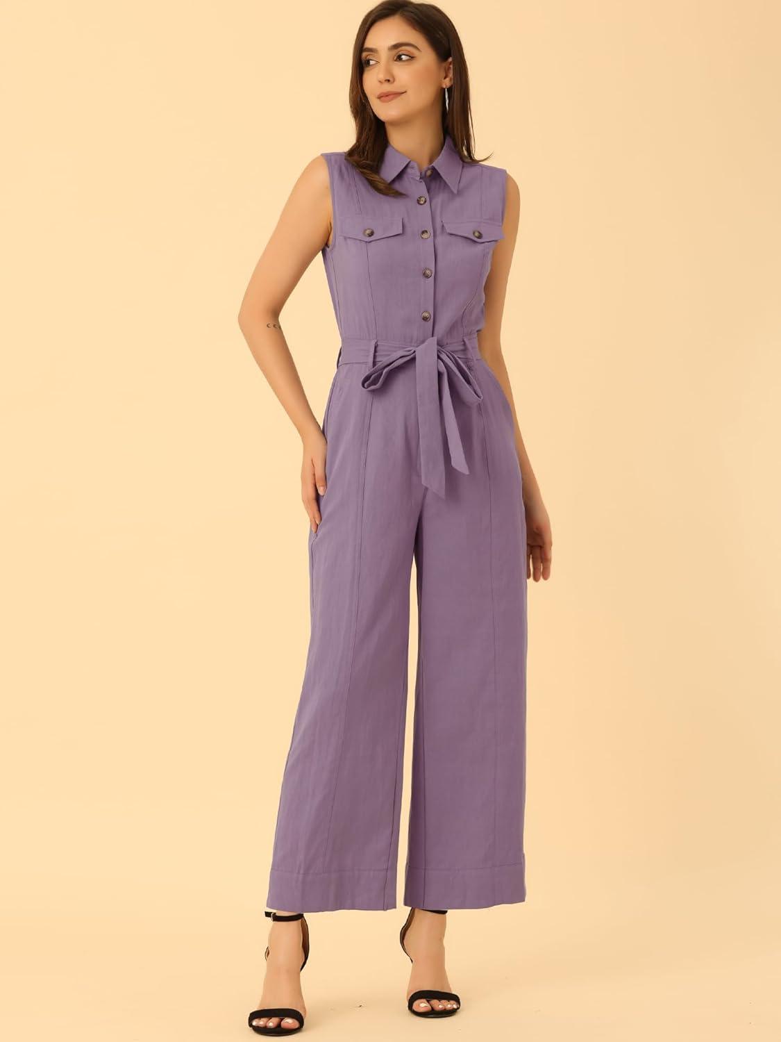imageAllegra K Womens Wide Leg Jumpsuit 2024 Sleeveless Collared Tie Waist Coverall Button Down Cargo JumpsuitsPurple