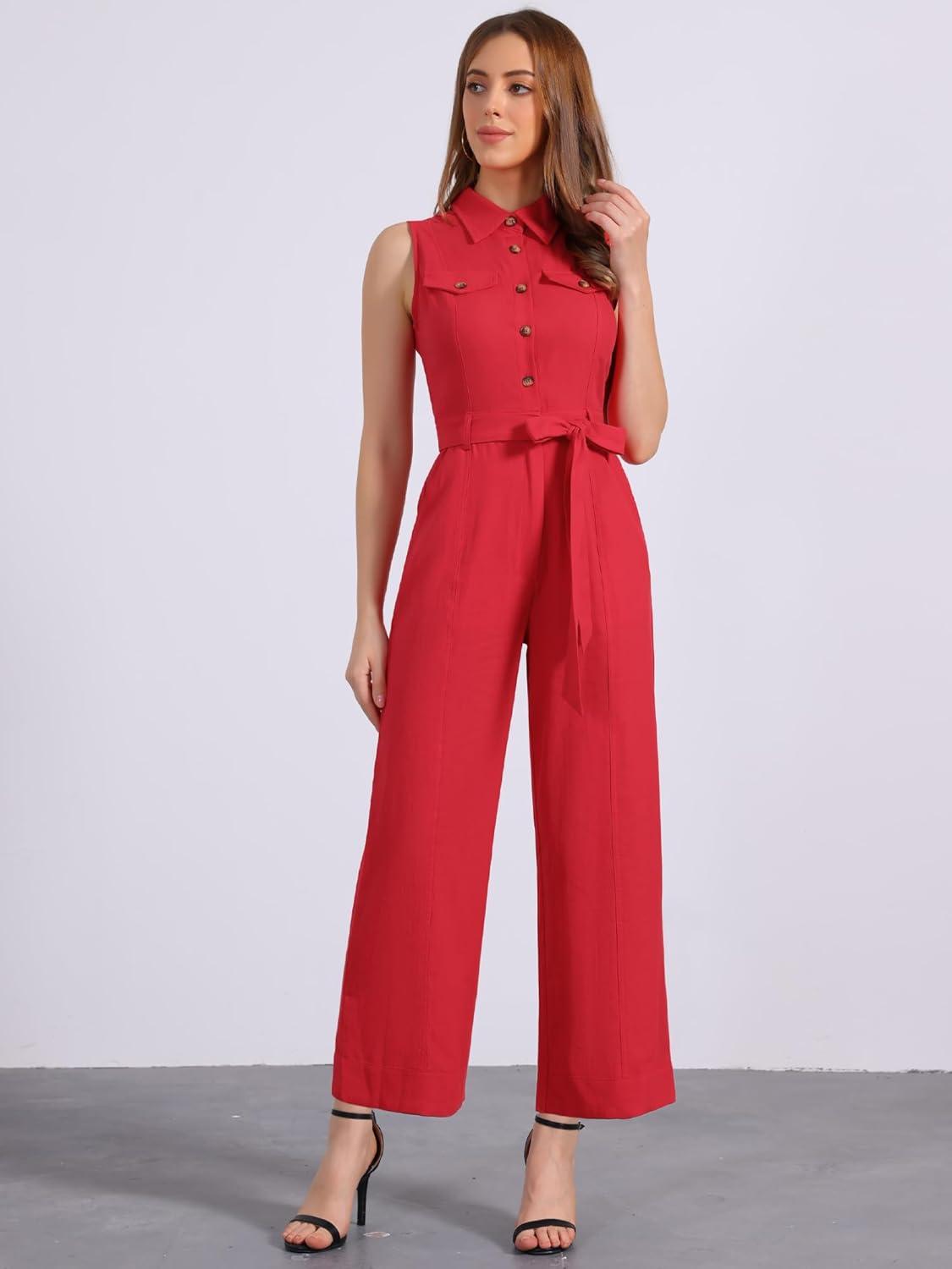 imageAllegra K Womens Wide Leg Jumpsuit 2024 Sleeveless Collared Tie Waist Coverall Button Down Cargo JumpsuitsRed