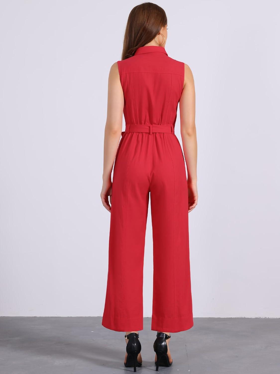 imageAllegra K Womens Wide Leg Jumpsuit 2024 Sleeveless Collared Tie Waist Coverall Button Down Cargo JumpsuitsRed