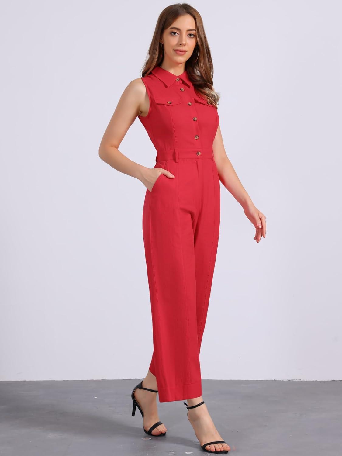 imageAllegra K Womens Wide Leg Jumpsuit 2024 Sleeveless Collared Tie Waist Coverall Button Down Cargo JumpsuitsRed
