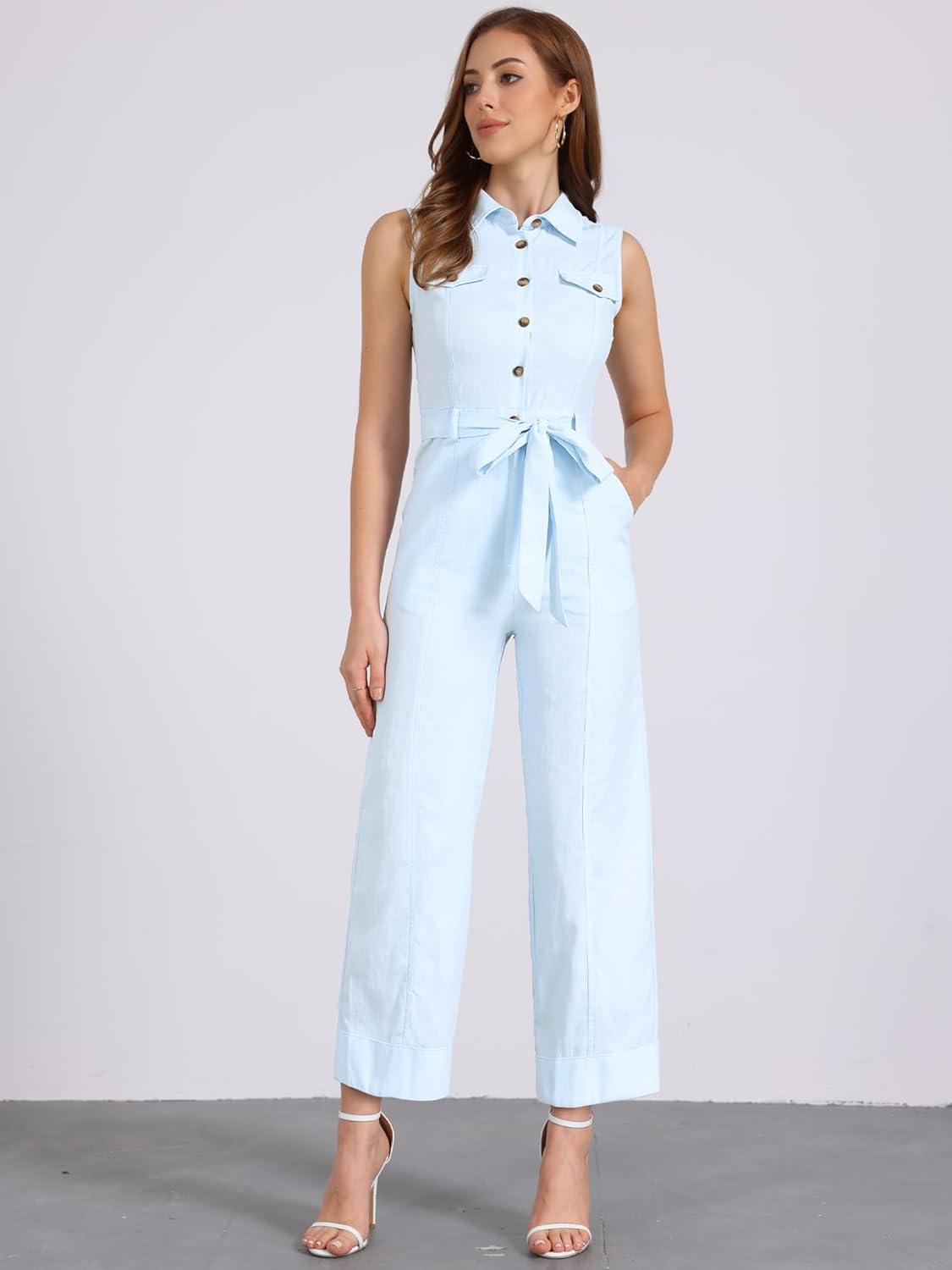 imageAllegra K Womens Wide Leg Jumpsuit 2024 Sleeveless Collared Tie Waist Coverall Button Down Cargo JumpsuitsSky Blue