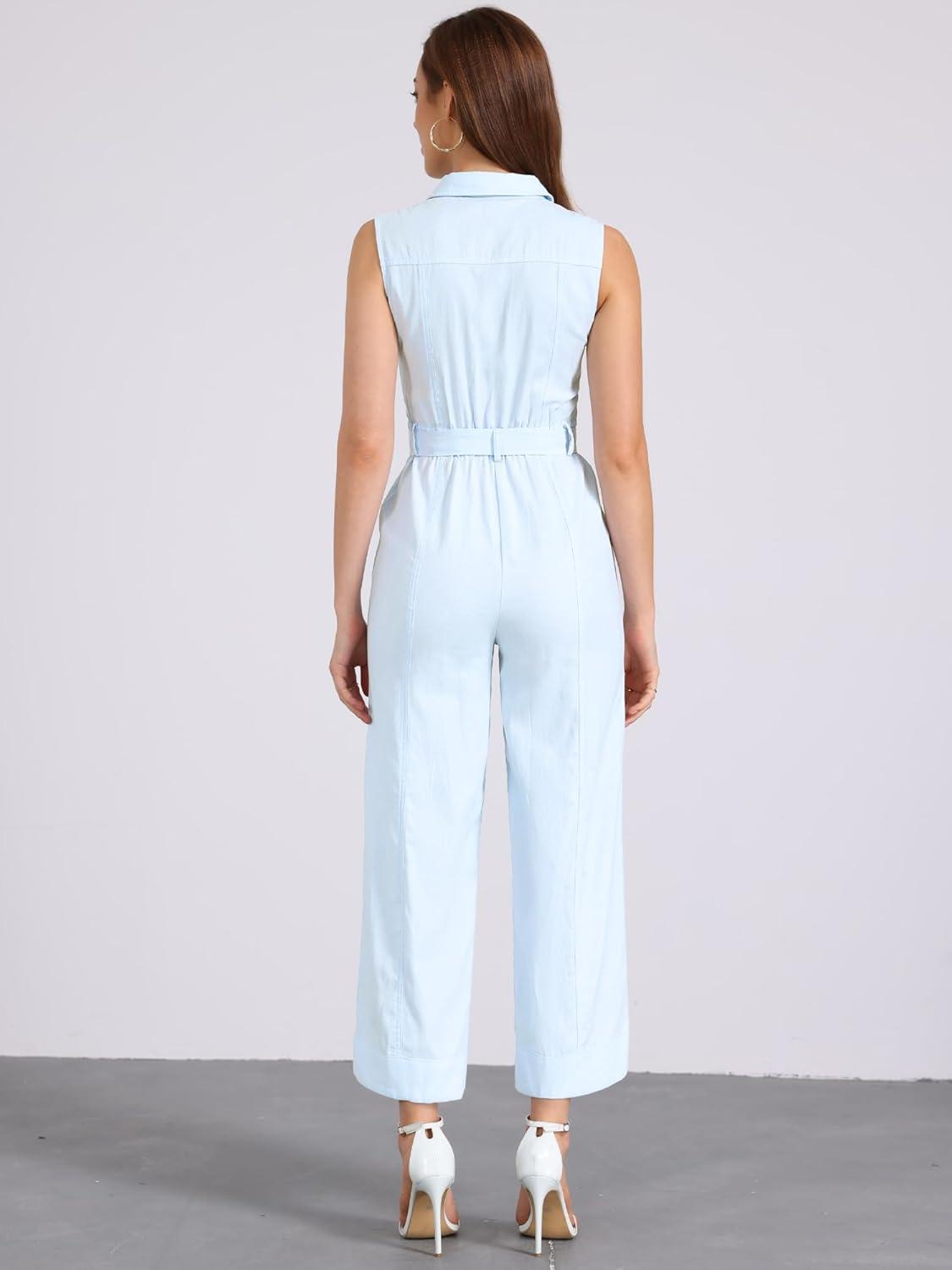imageAllegra K Womens Wide Leg Jumpsuit 2024 Sleeveless Collared Tie Waist Coverall Button Down Cargo JumpsuitsSky Blue