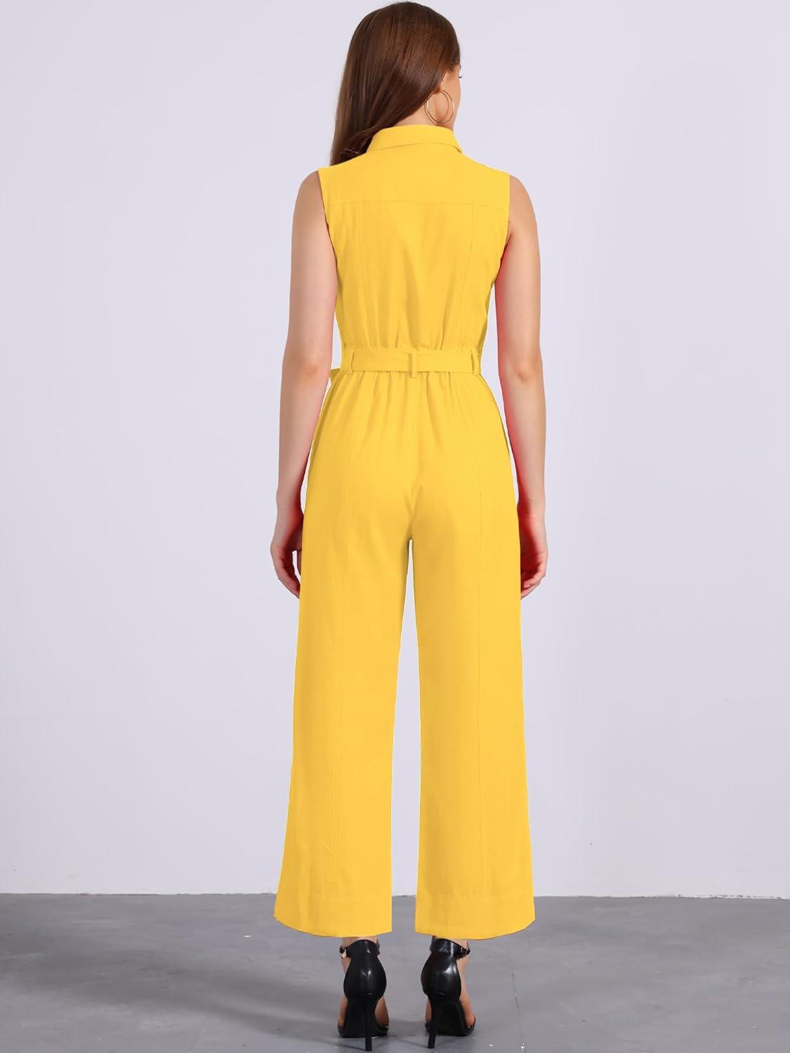 imageAllegra K Womens Wide Leg Jumpsuit 2024 Sleeveless Collared Tie Waist Coverall Button Down Cargo JumpsuitsYellow