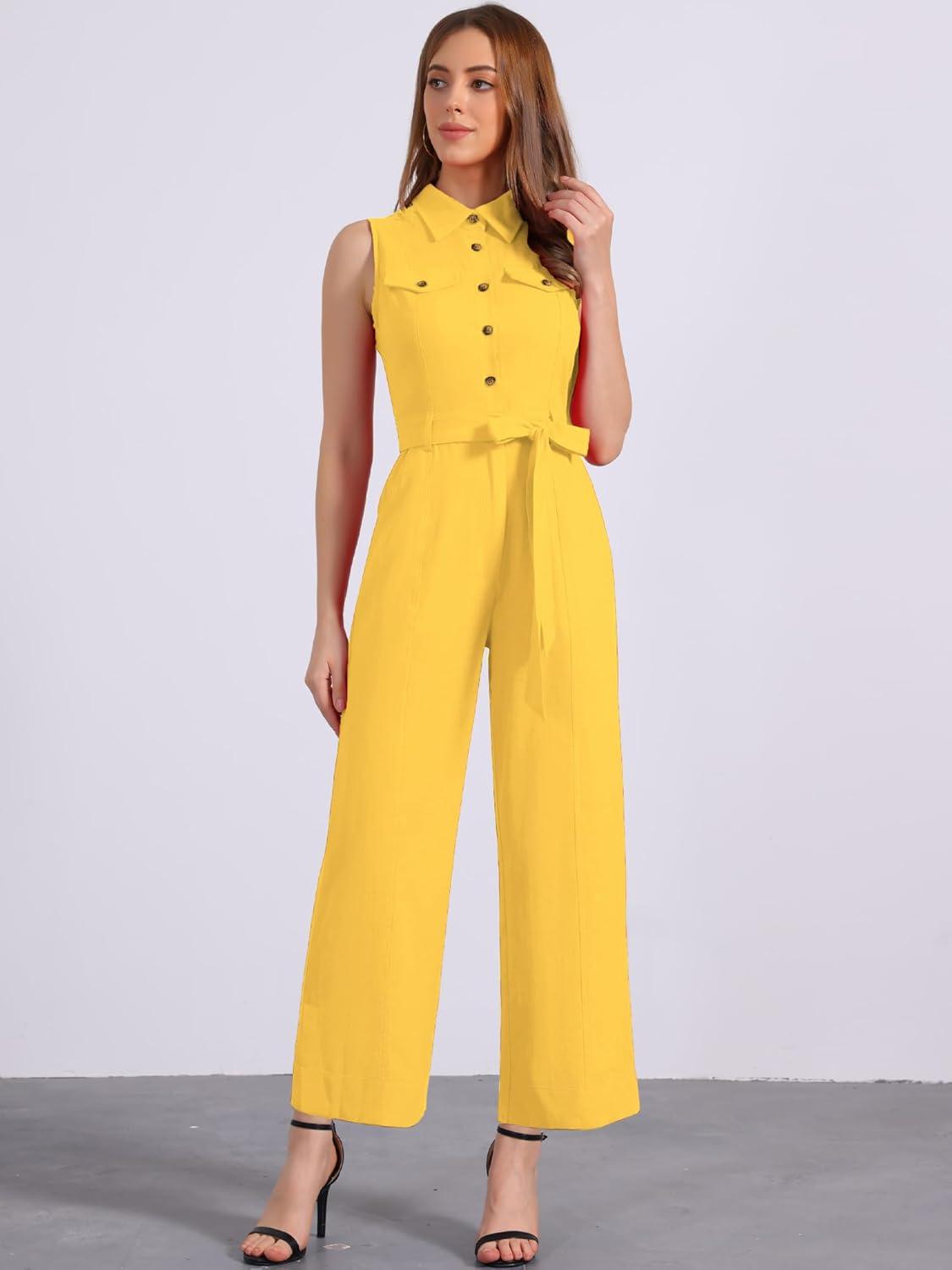 imageAllegra K Womens Wide Leg Jumpsuit 2024 Sleeveless Collared Tie Waist Coverall Button Down Cargo JumpsuitsYellow
